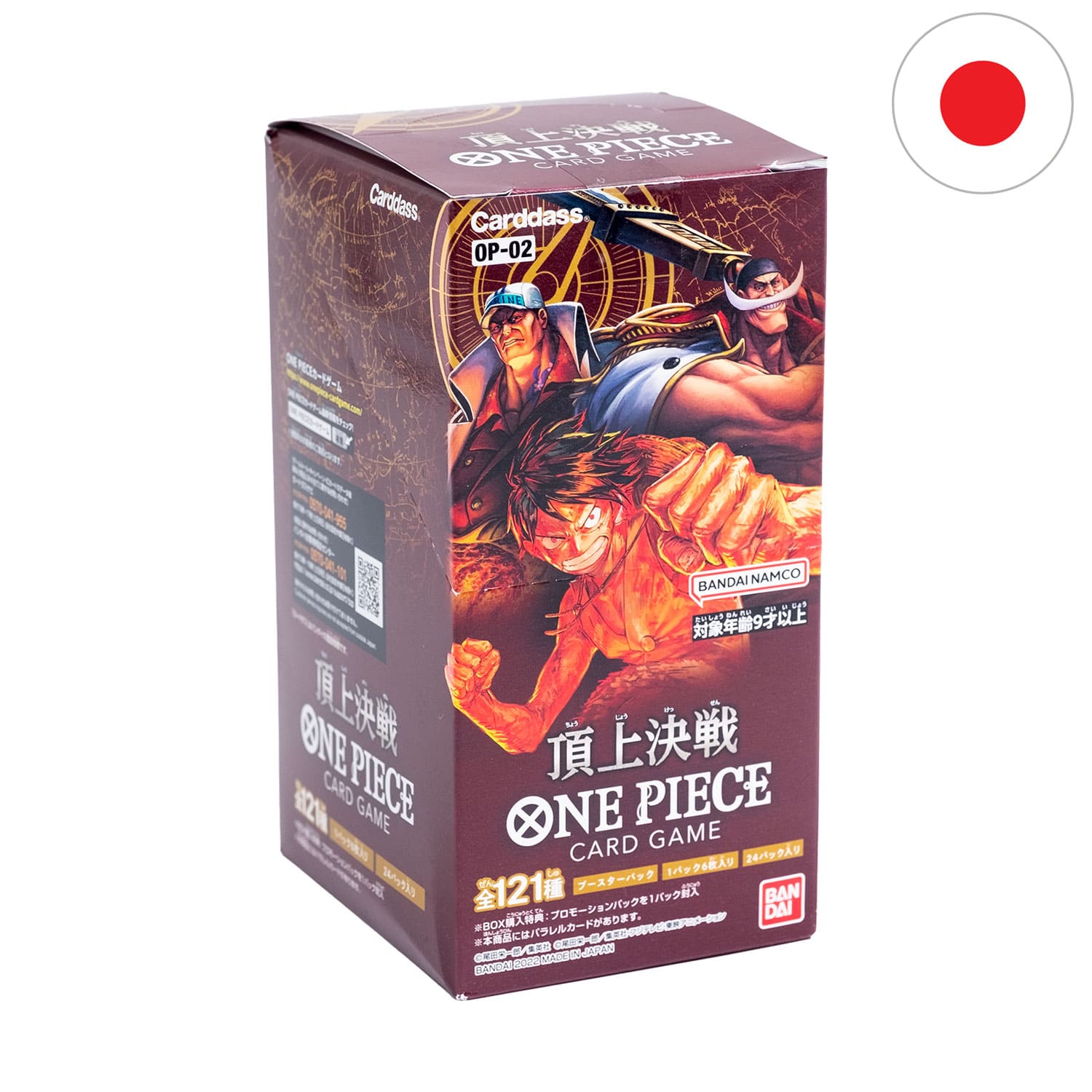 Das rote One Piece Display "Paramount War" (OP-02), frontal als Hauptbild mit der Flagge Japans in der Ecke.