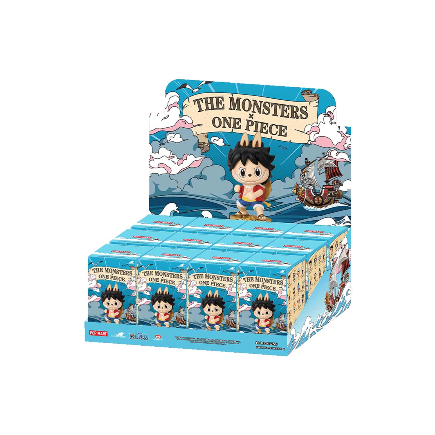 POP MART x One Piece Blindbox Display mit Monkey D.Luffy auf dem Cover. 12 Blind Boxen mit der Strohhutbande.