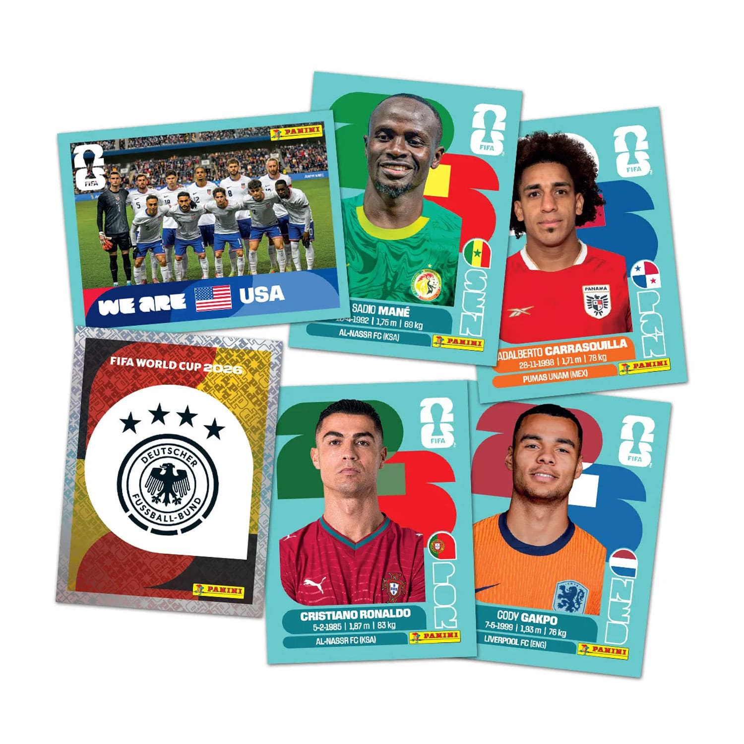 Panini FIFA World Cup 2026™ Spieler-Sticker: Germany, Cristiano Ronaldo, Sadio Mane, Cody Garpo, USA-Team.