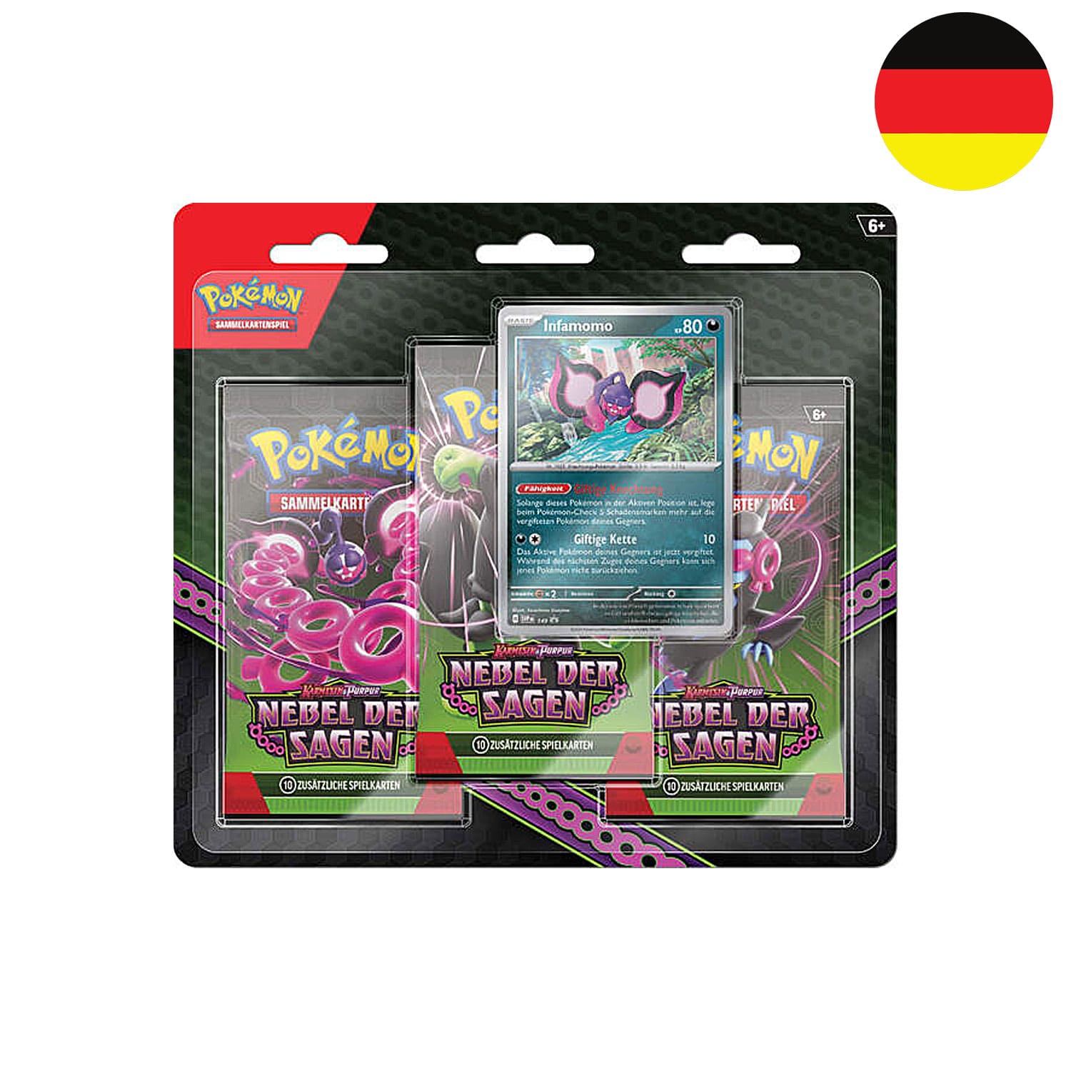 Das Pokemon Blister Nebel der Sagen (KP6.5) mit Infamomo als Promo Karte und der Flagge Deutschlands in der Ecke.