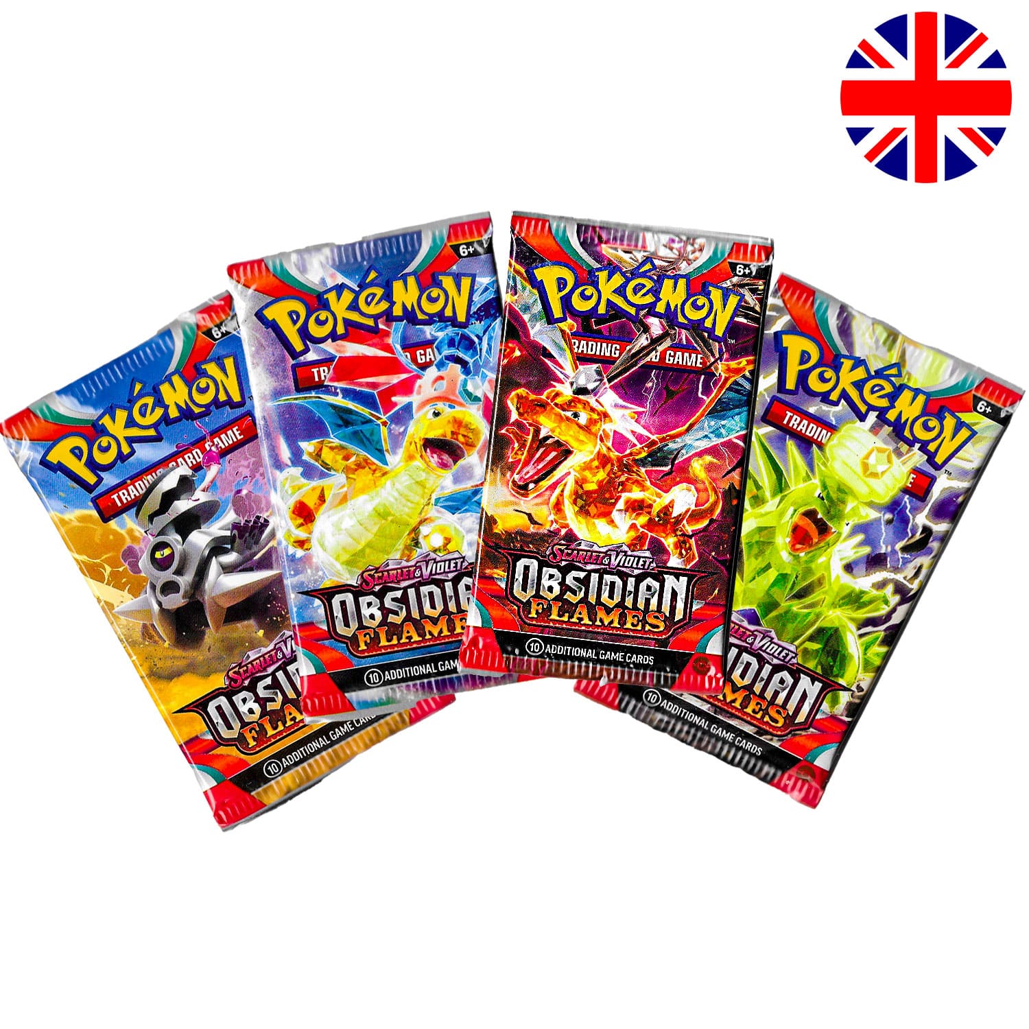 Das Pokemon Boosterpack Obisidian Flames (SV03), alle 4 Boosterpacks nebeneinander, mit der Flagge Englands in der Ecke.