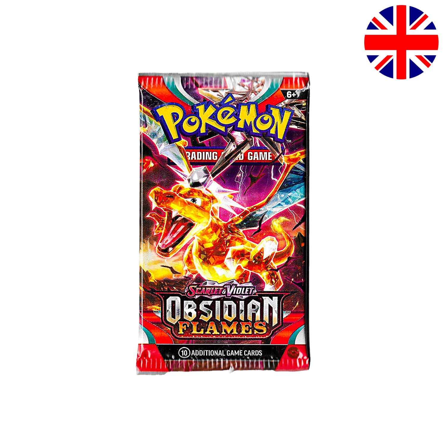 Das Pokemon Boosterpack Obisidian Flames (SV03), das Artwork mit Glurak als Hauptbild, mit der Flagge Englands in der Ecke.