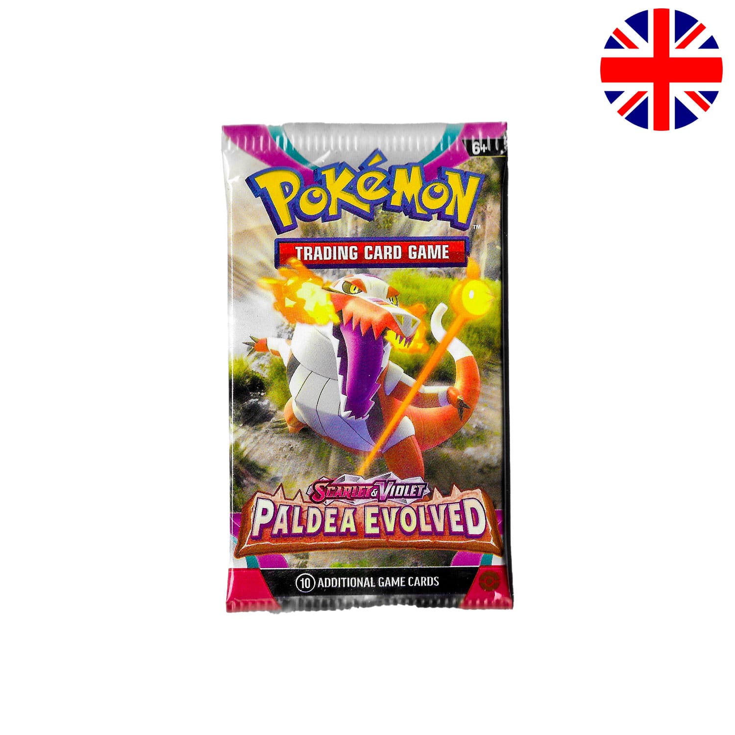 Das Pokemon Boosterpack Paldea Evolved (SV02) als Scan mit Skelokrok als Hauptbild und der Flagge Englands in der Ecke.