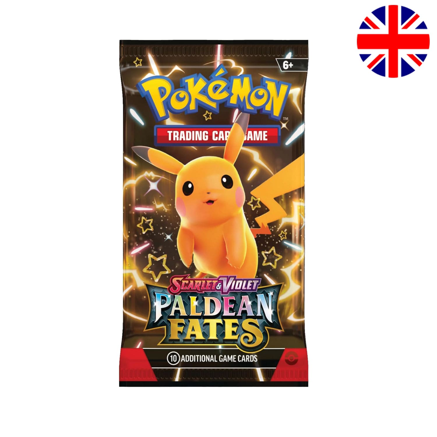 Englisches Pokémon Paldean Fates (SV4.5 / PAF) Boosterpack mit Pikachu und zahlreichen seltenen Karten.