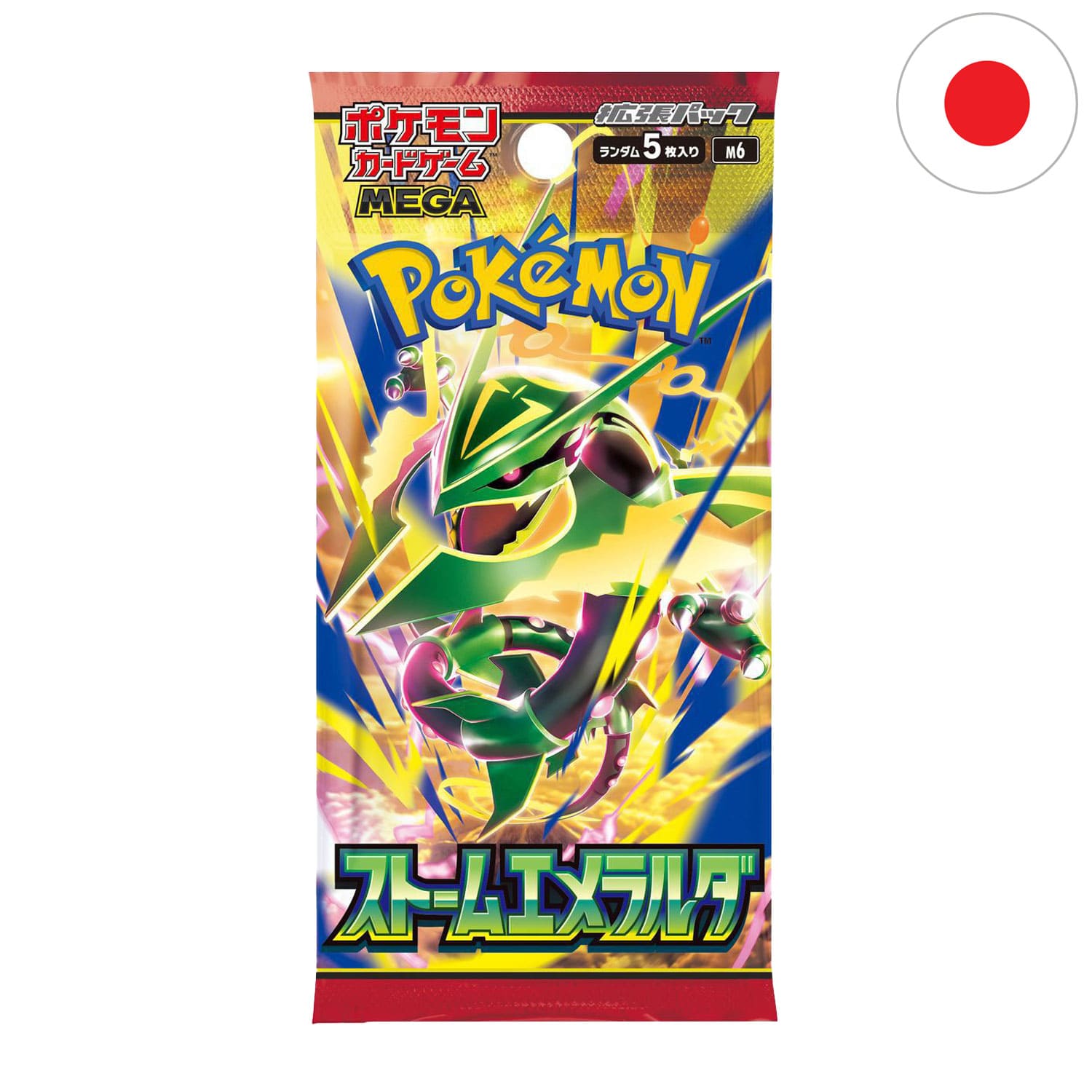 Pokémon Boosterpack Storm Emerald M6 mit MEGA Entwicklung- MEGA Rayquaza auf dem Booster-Cover. 5 Karten pro Pack.