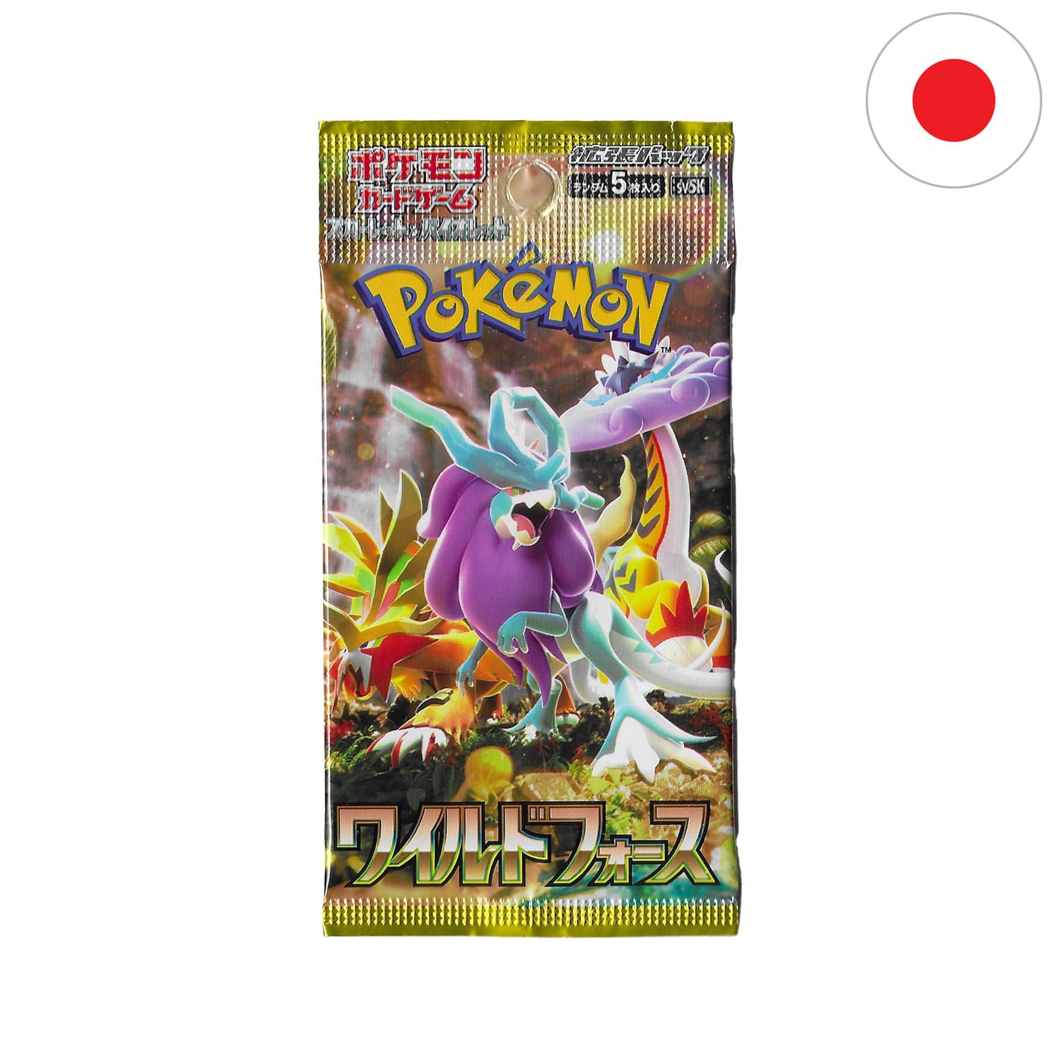 Das Pokemon Boosterpack Wild Force (SV5K) als Scan mit den legendären Bestien und der Flagge Japans in der Ecke.