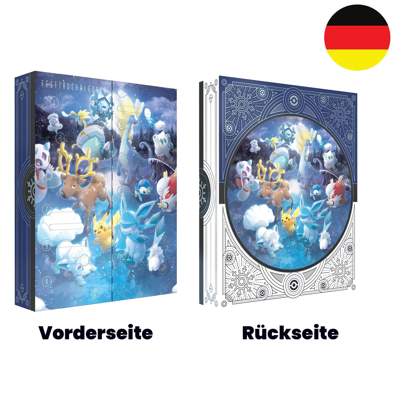 Der Pokémon Festtagskalender 2023 mit Damhirplex, Pikachu, Alola Vulpix, Glaziola, Botogel, Plinfa, Frosdedje.