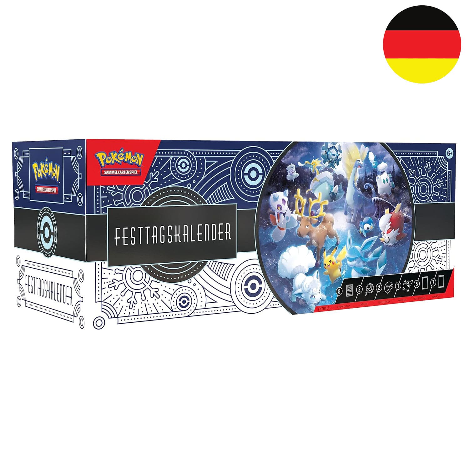 Die Pokémon Box Festtagskalender 2023 mit 25 Türchen und Boosterpacks, Fun Packs, Stickerbogen und Pokemon Münzen.