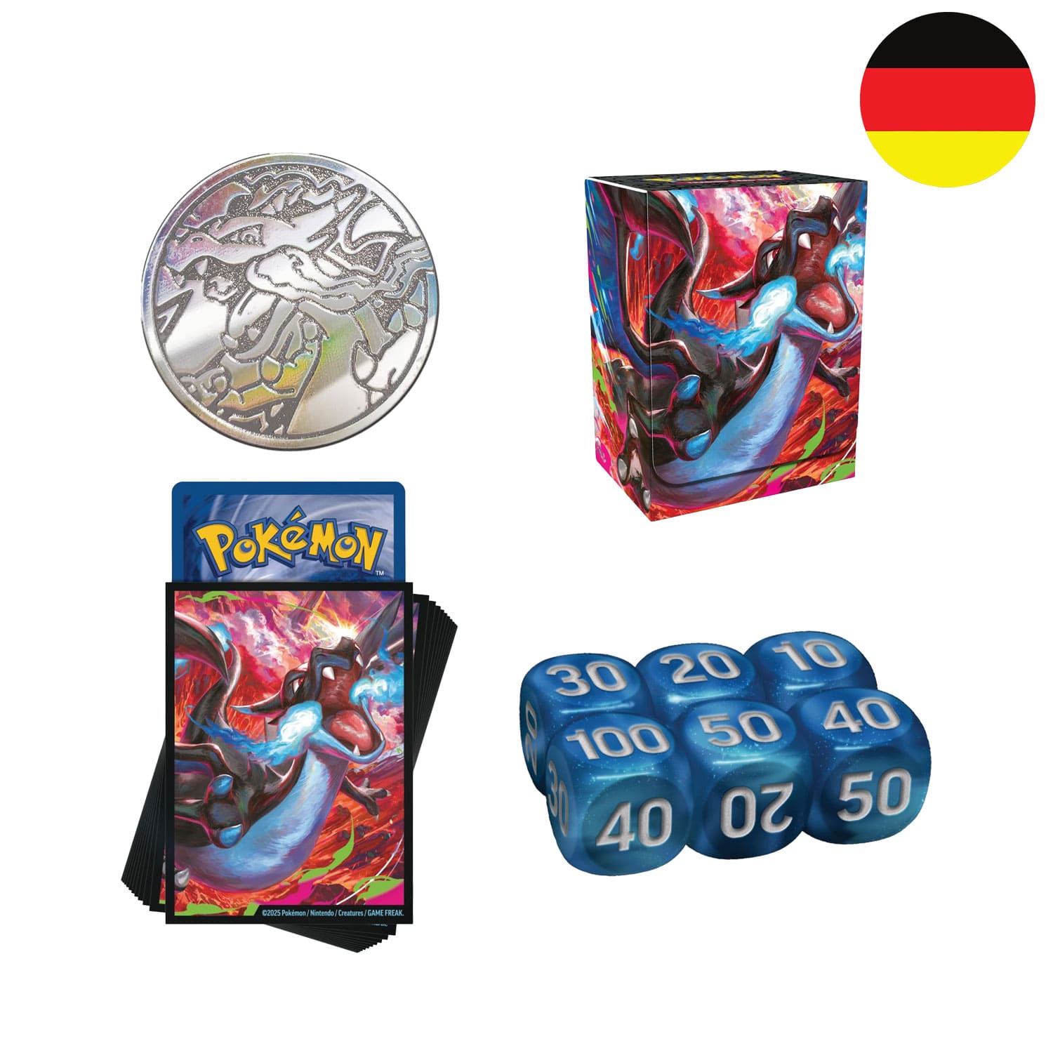 Die Pokémon Mega Glurak ex Ultra Premium Kollektion mit Sleeves Charizard auf dem Cover, Schadenswürfeln und Coin.