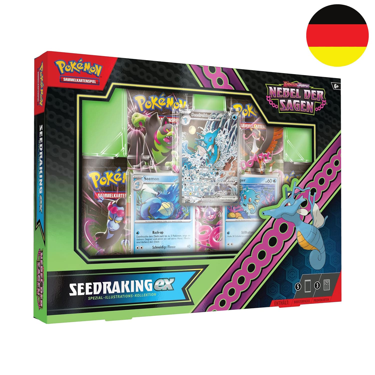 Die Nebel der Sagen Pokemon Box Spezial Illustrations Kollektion - Kingdra EX SV6.5 auf deutsch mit der Flagge in der Ecke.