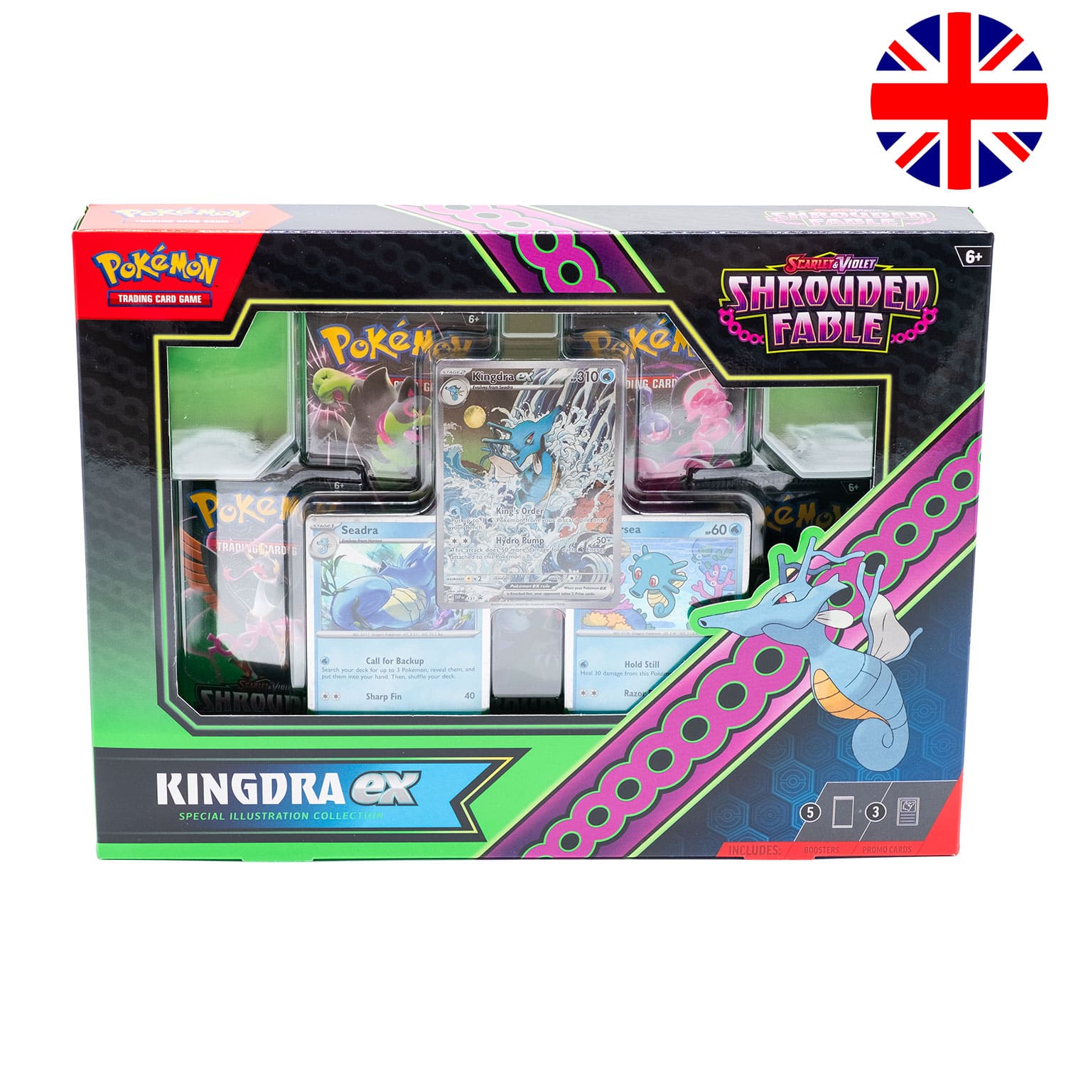 Die Promokarte der Box "Shrouded Fable - Illustration Rare Collection- Kingdra EX" (SV6.5), mit der Flagge Englands.Die Pokemon Box "Shrouded Fable - Illustration Rare Collection- Kingdra EX" (SV6.5), frontal, mit der Flagge Englands.