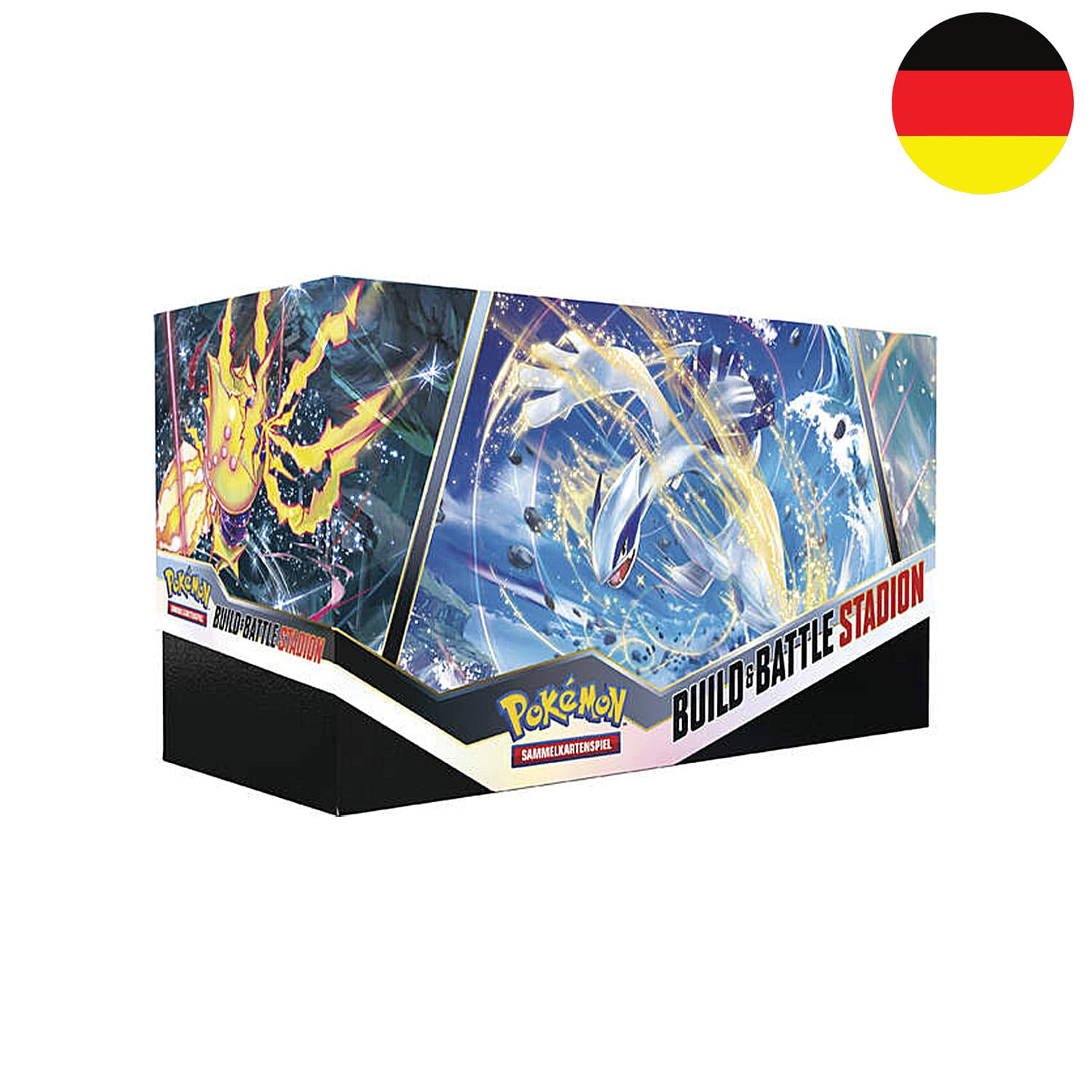 Die Pokémon Build & Battle Stadion Box mit Silberne Sturmwinde (SWSH12) und Lugia auf dem Cover auf deutsch.