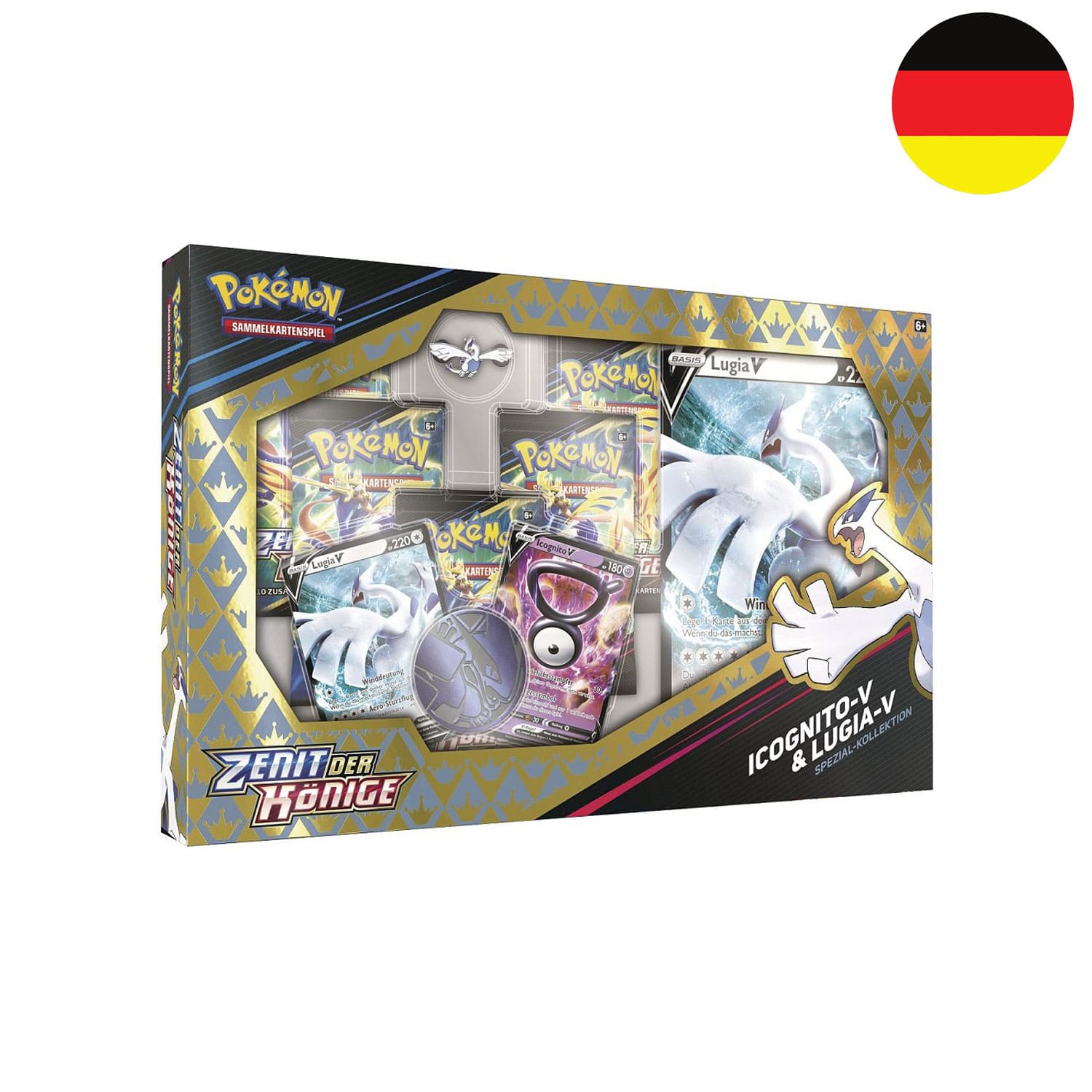 Die Pokémon Box Zenit der Könige Pin-Kollektion (SWSH12.5) mit Lugia und Icognito auf dem Coverd der Flagge Deutschlands.
