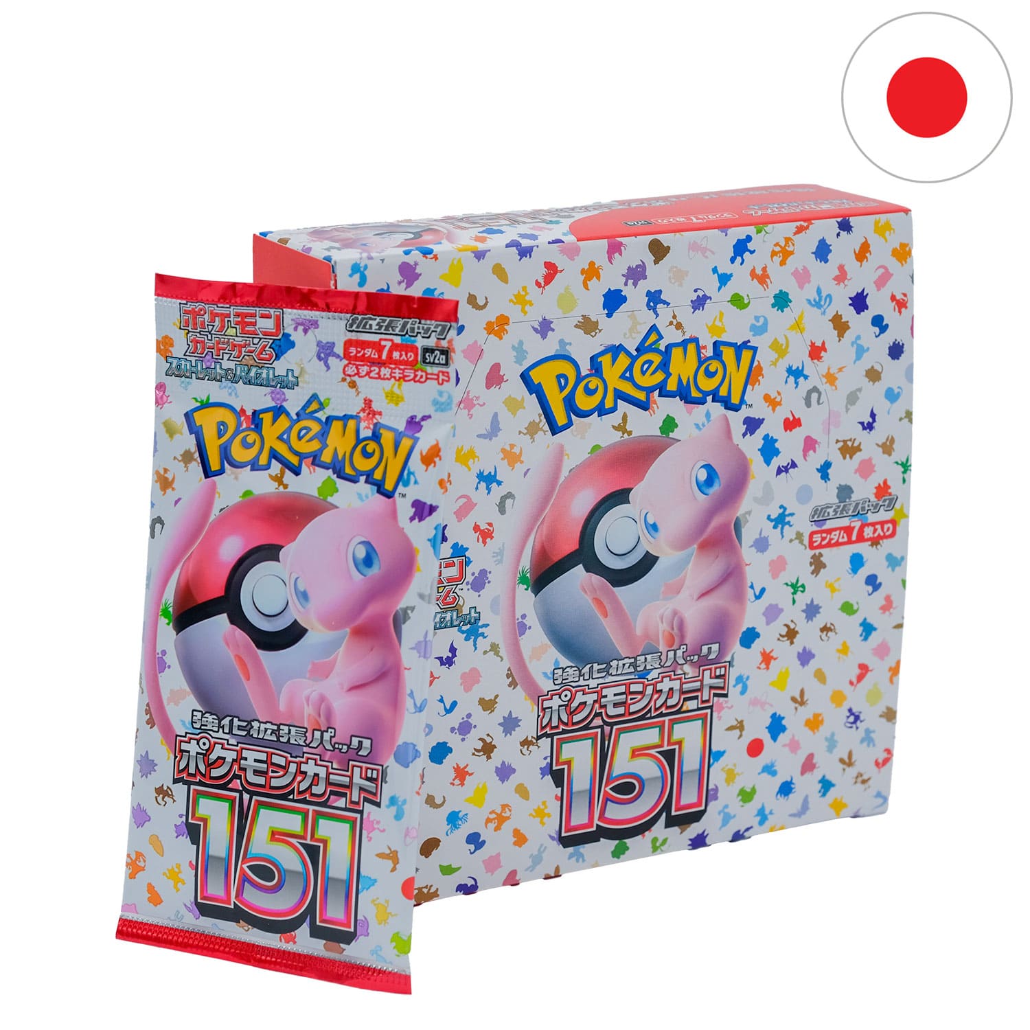 Das japanische Pokemon Display 151 mit Mew auf dem Cover und dem Booster anliegend, mit der Flagge Japans in der Ecke.