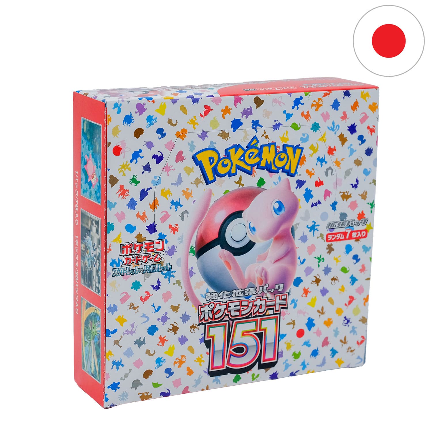 Das japanische Pokemon Display 151 mit Mew auf dem Cover, frontal & schräg als Hauptbild mit der Flagge Japans in der Ecke.