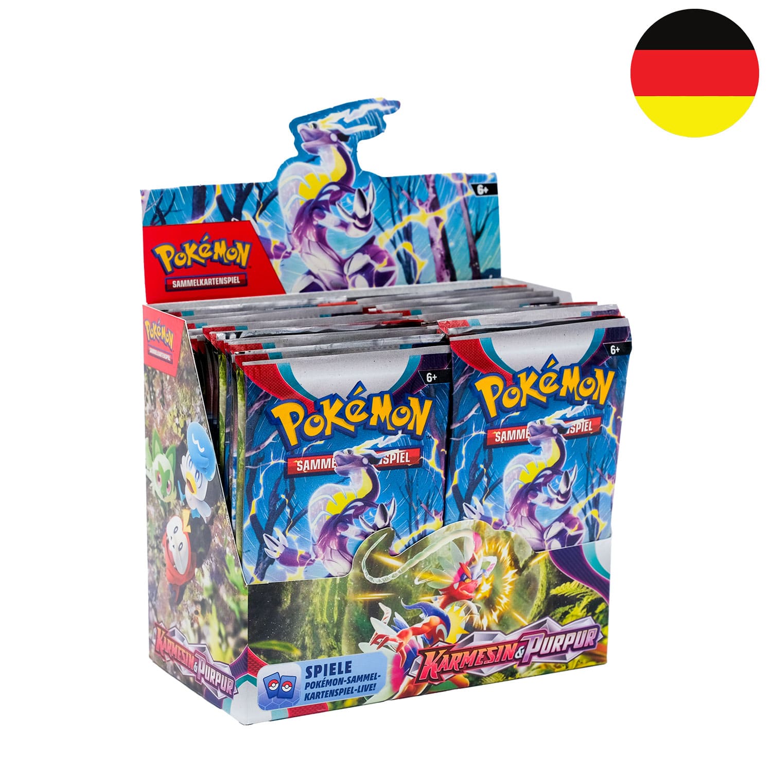 Das Pokemon Display Karmesin & Purpur (KP01), geöffnet als Hauptbild, mit der Flagge Deutschlands in der Ecke.