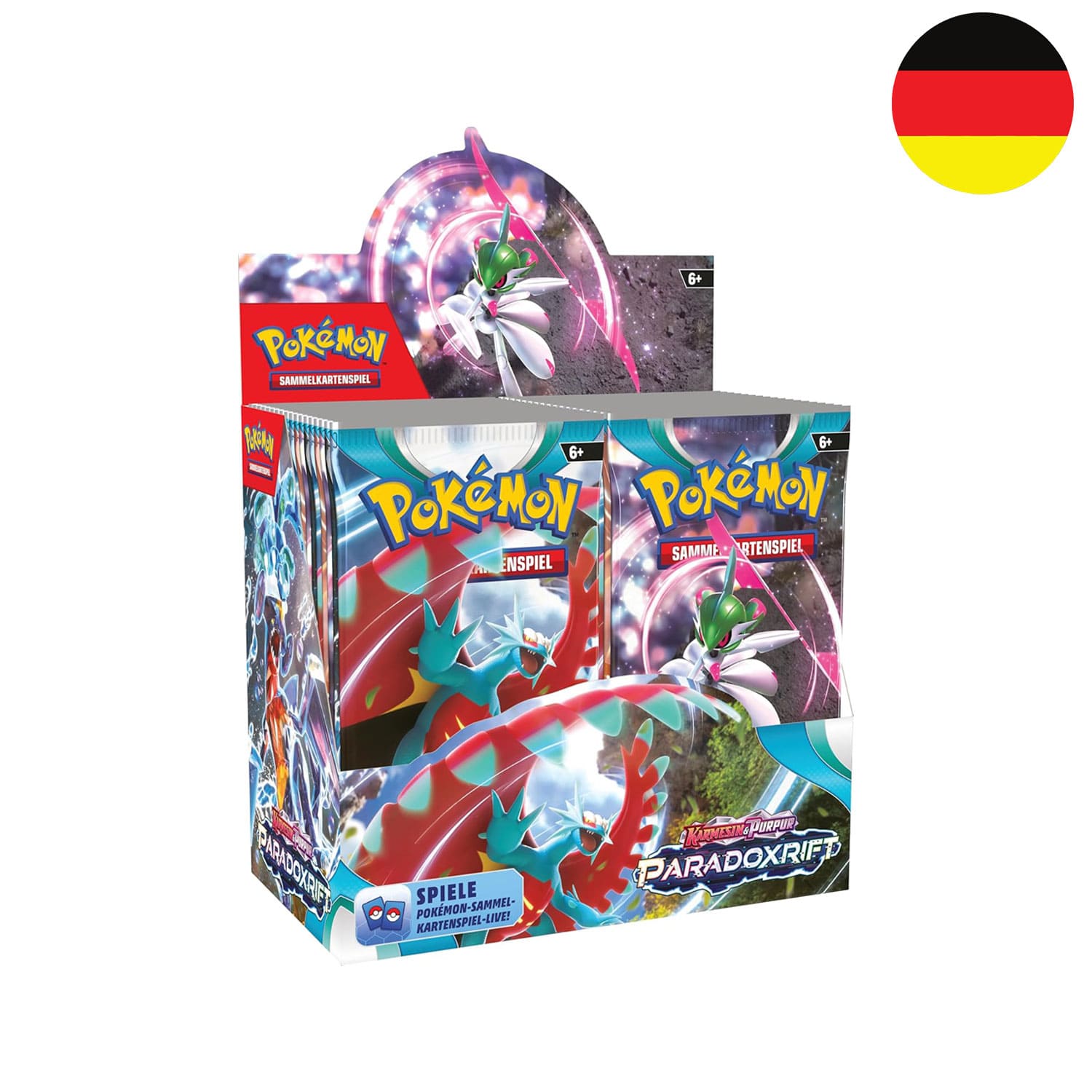 Das Pokémon Display Paradoxrift KP04 als Booster Box frontal, auf deutsch, mit der Flagge Deutschlands in der Ecke.