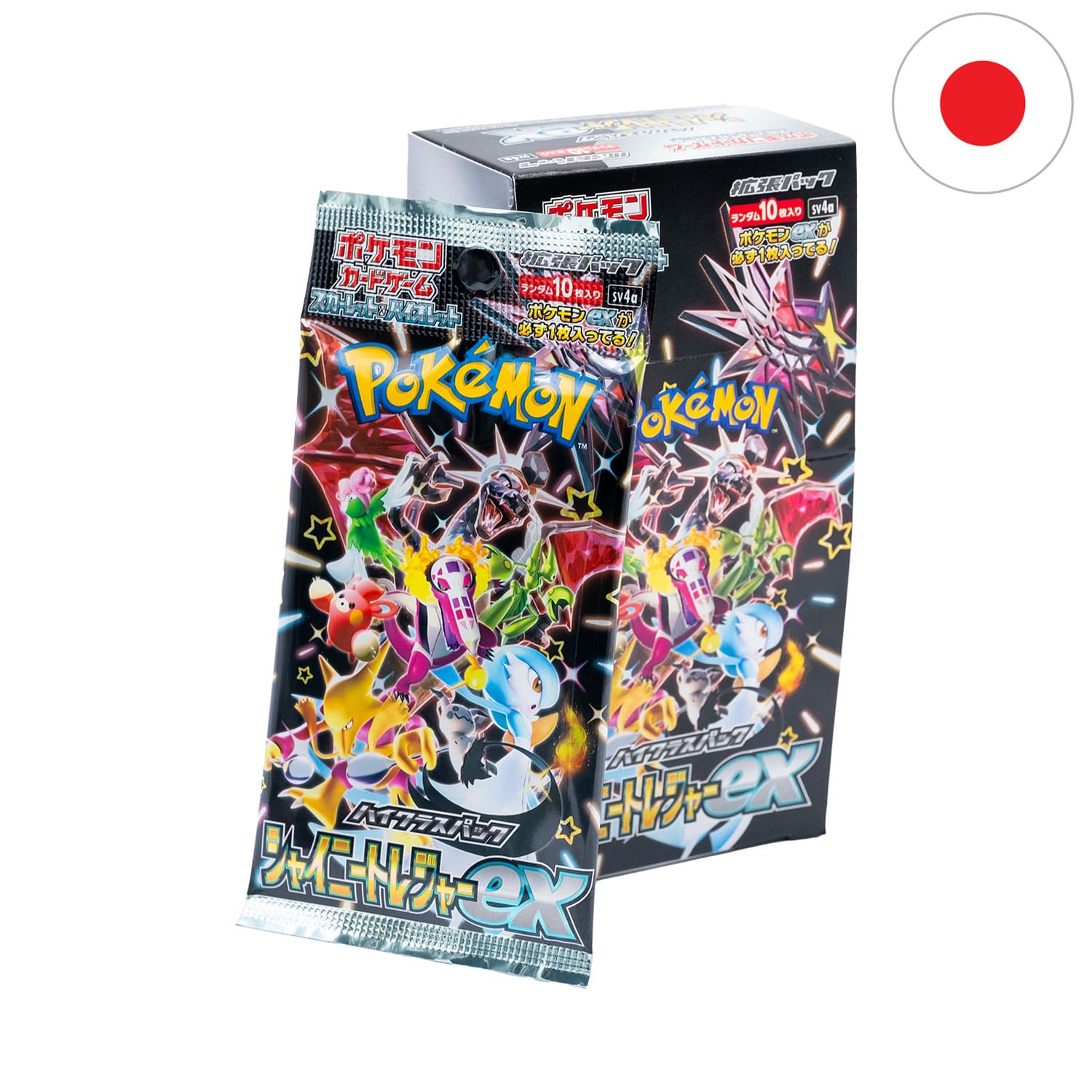 Das Pokemon Display Shiny Treasure EX (SV4A) mit dem anliegenden Boosterpack und der Flagge Japans in der Ecke.