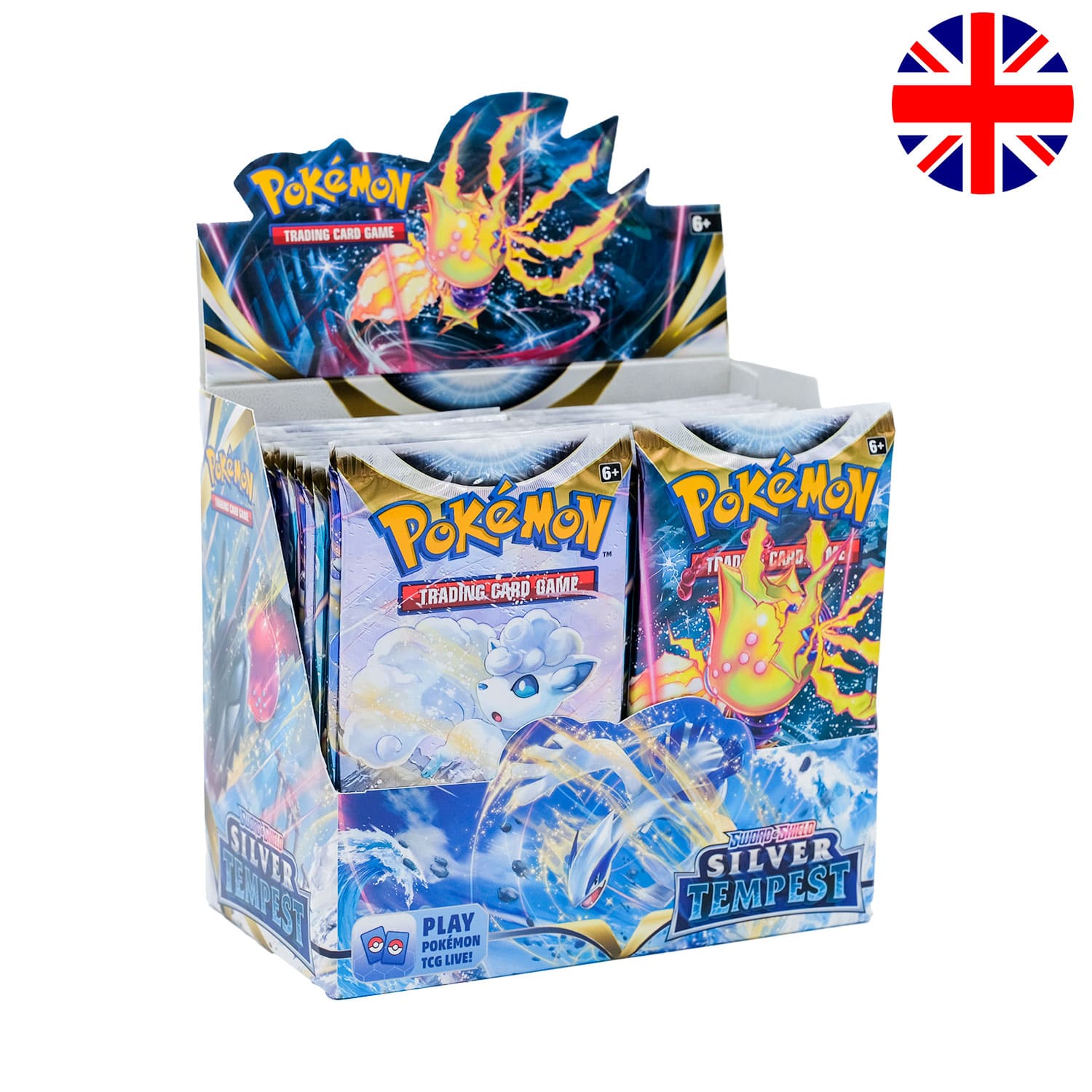 Das Pokemon Display Silver Tempest in blau, geöffnet als Hauptbild, mit der Flagge Englands in der Ecke.