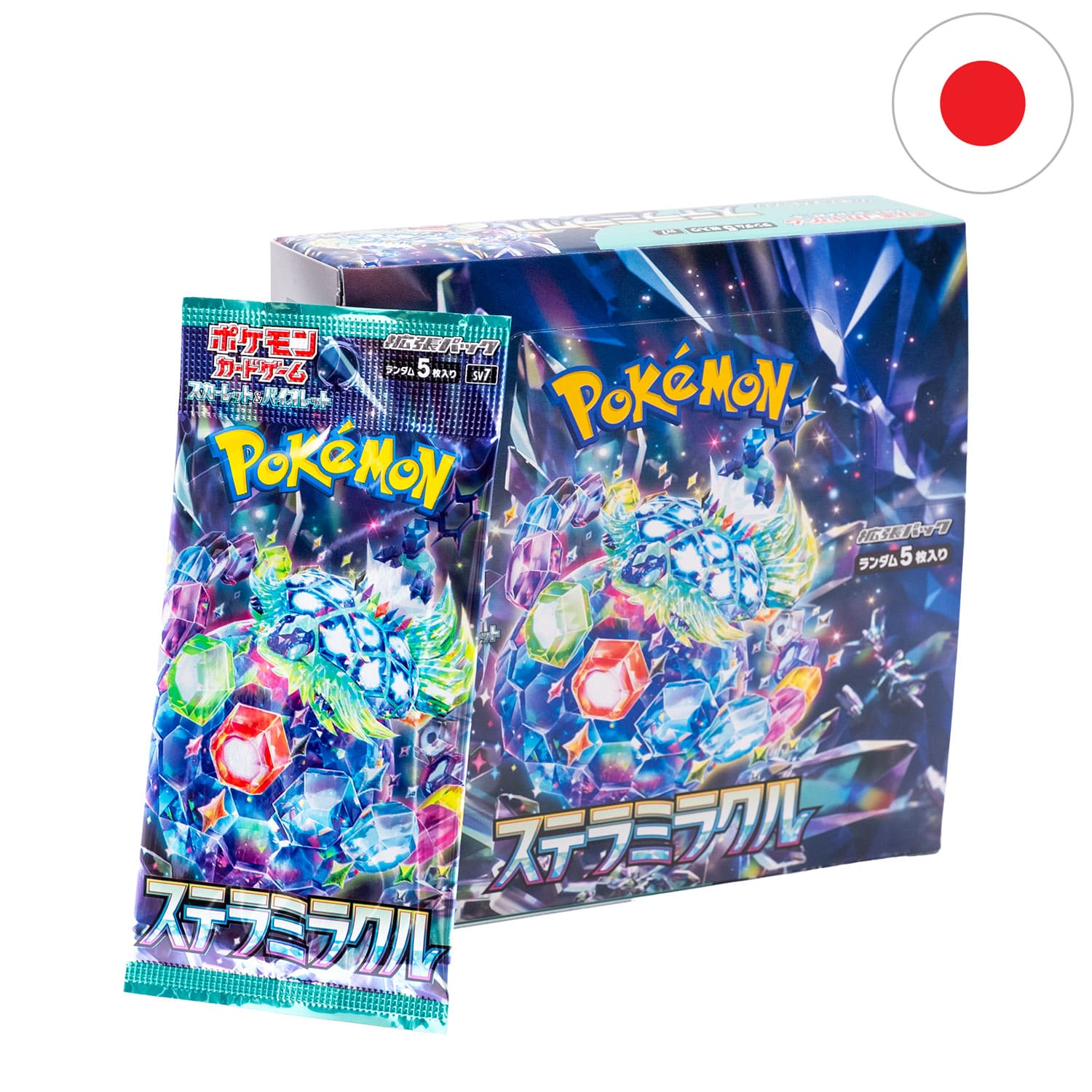 Das Pokemon Display Stellar Miracle (SV7) mit Terapagos, dem Booster anliegend & der Flagge Japans in der Ecke.