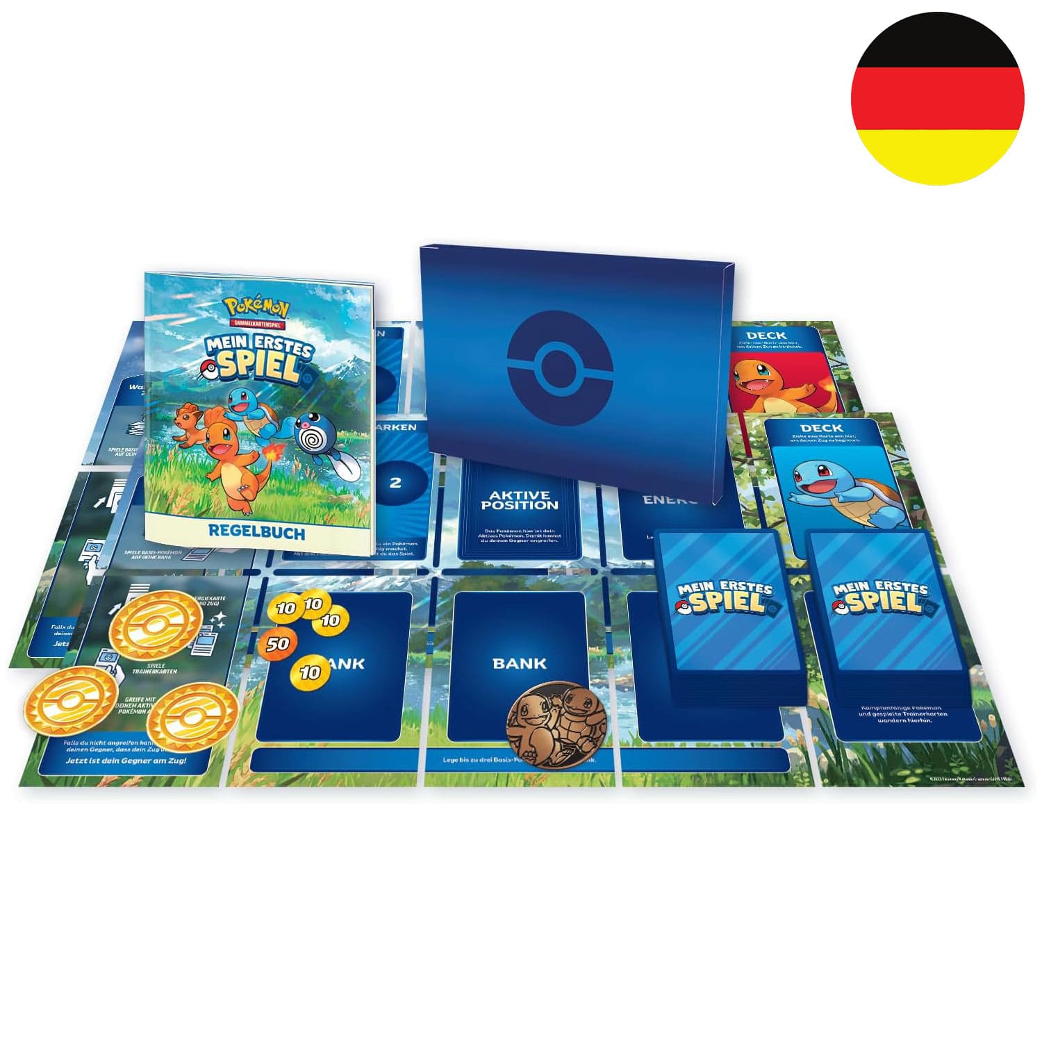 Die deutsche Pokémon Einsteiger Deck Mein erstes Spiel Glumanda und Schiggy Box mit Spielzubehör, Karten und Regelwerk.