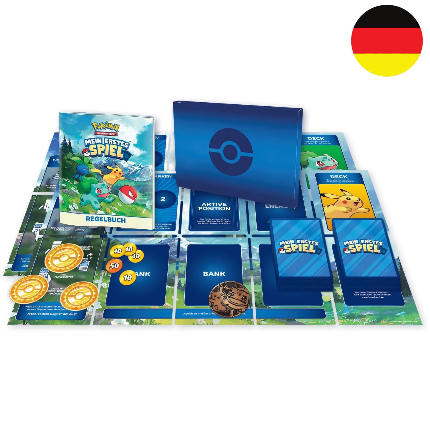 Die deutsche Pokémon Einsteiger Deck-Mein erstes Spiel Pikachu und Bisasam Box mit Spielzubehör, Karten und Regelwerk.