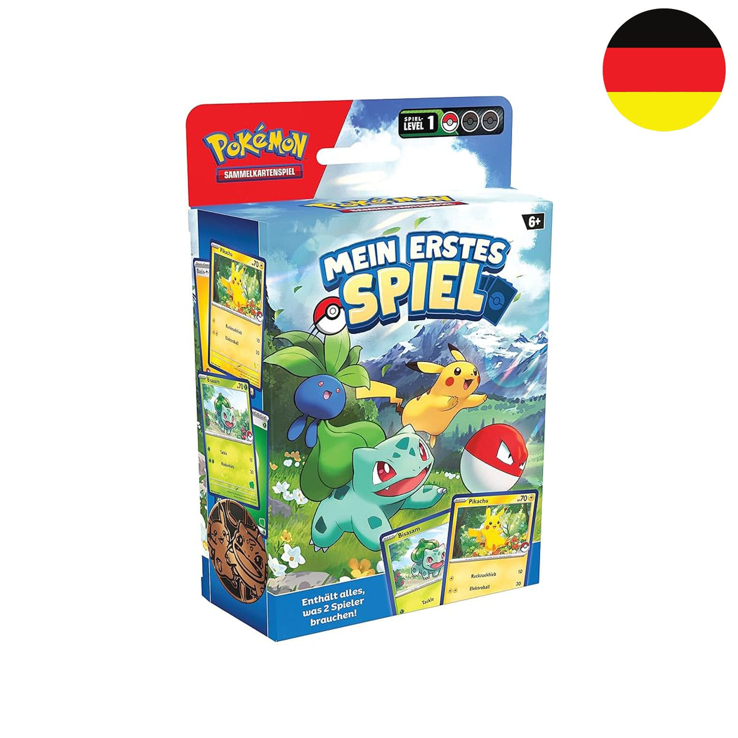 Die deutsche Pokémon Trading Card Game Einsteiger Deck Mein erstes Spiel Pikachu, Bisasam und Lektroball auf dem Cover.