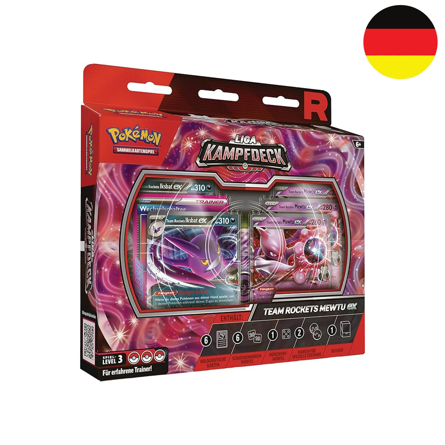 Das deutsche Pokémon-Liga Kampfdeck Set mit Team Rockets Mewtu ex auf dem Cover.