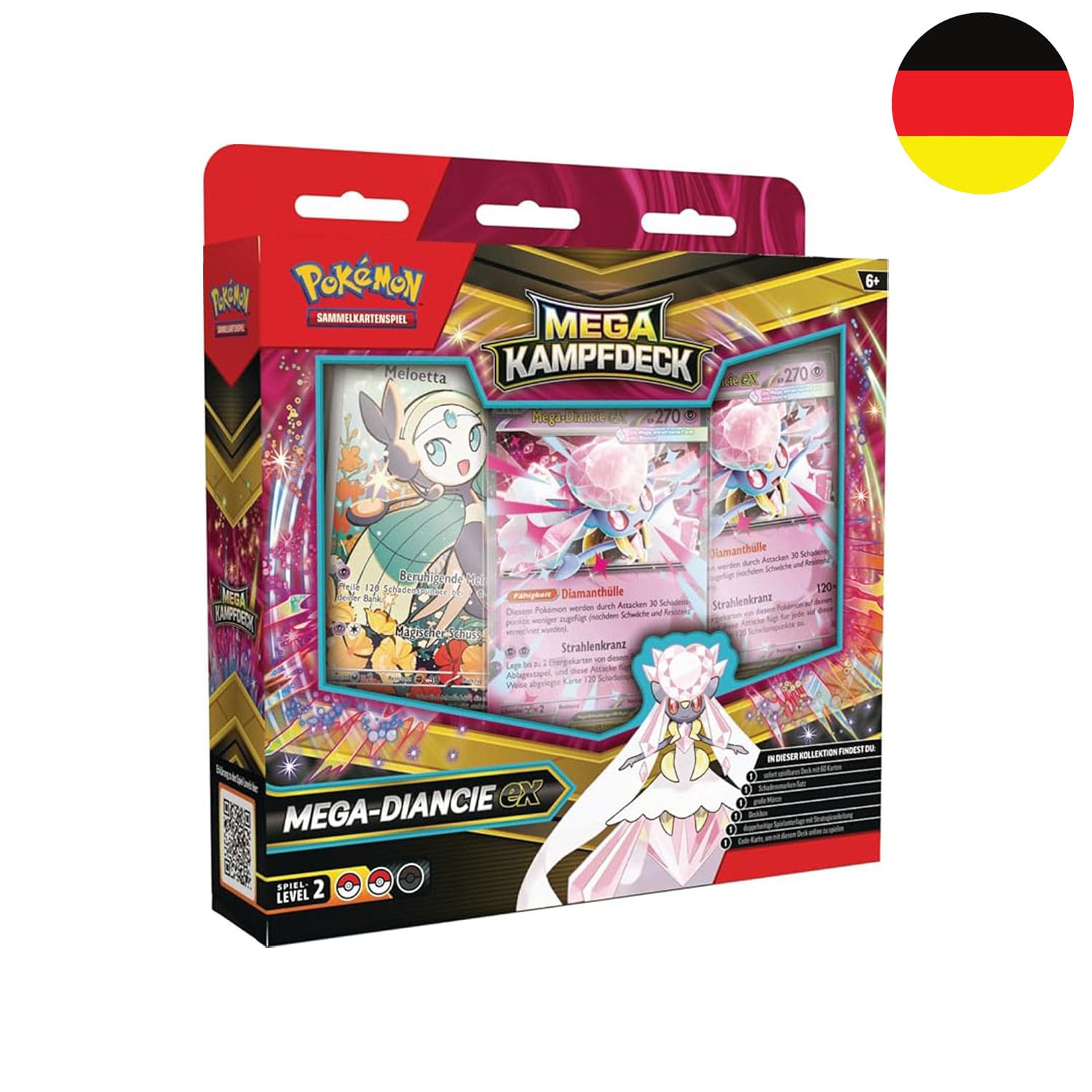 Das deutsche Pokémon Trading Card Game Mega Kampfdeck Set mit Mega Diancie ex und Meloetta auf dem Cover.