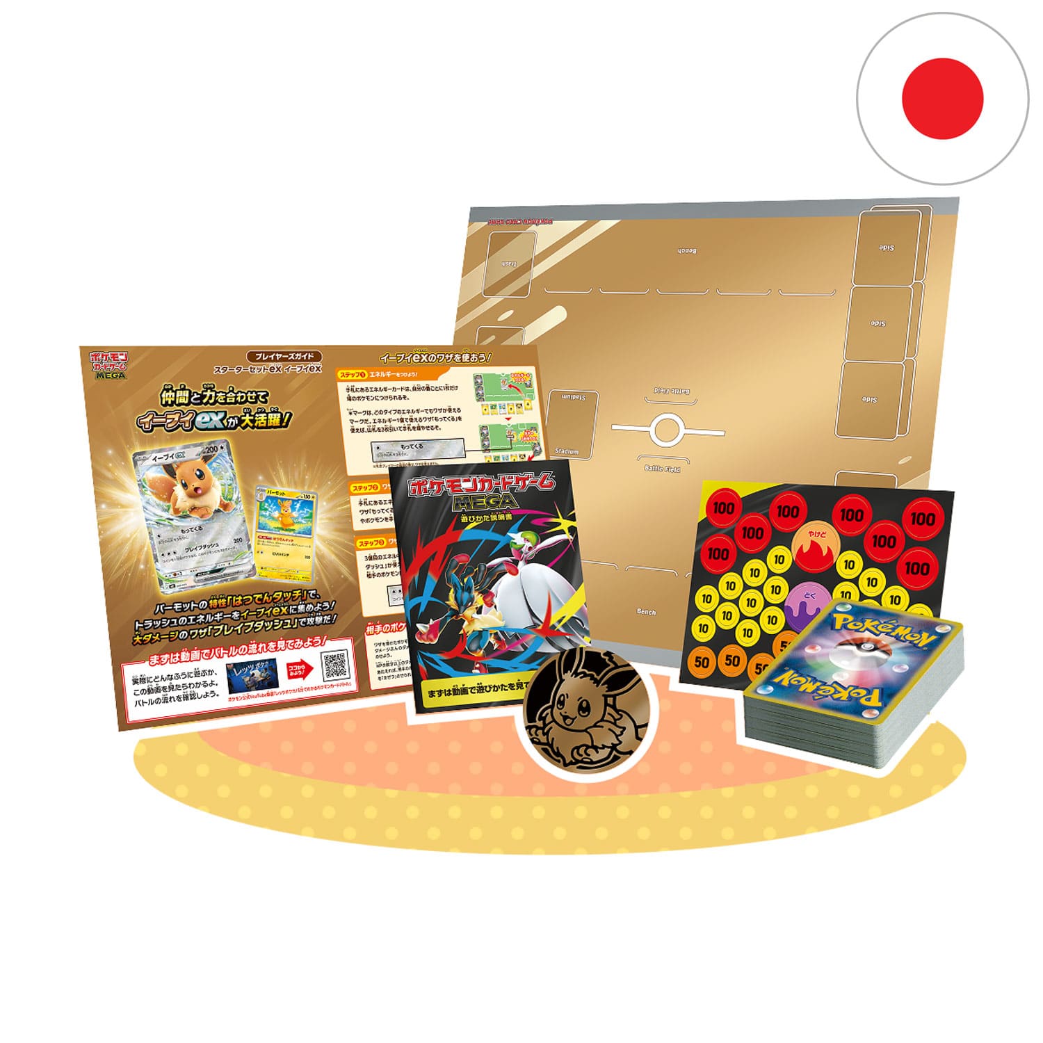 Japanisches Pokémon MEGA Starter ex Set Deckinhalt Evoli: 60 Kartendeck, Eevee Münze, Spielmatte und Schadensmarken.