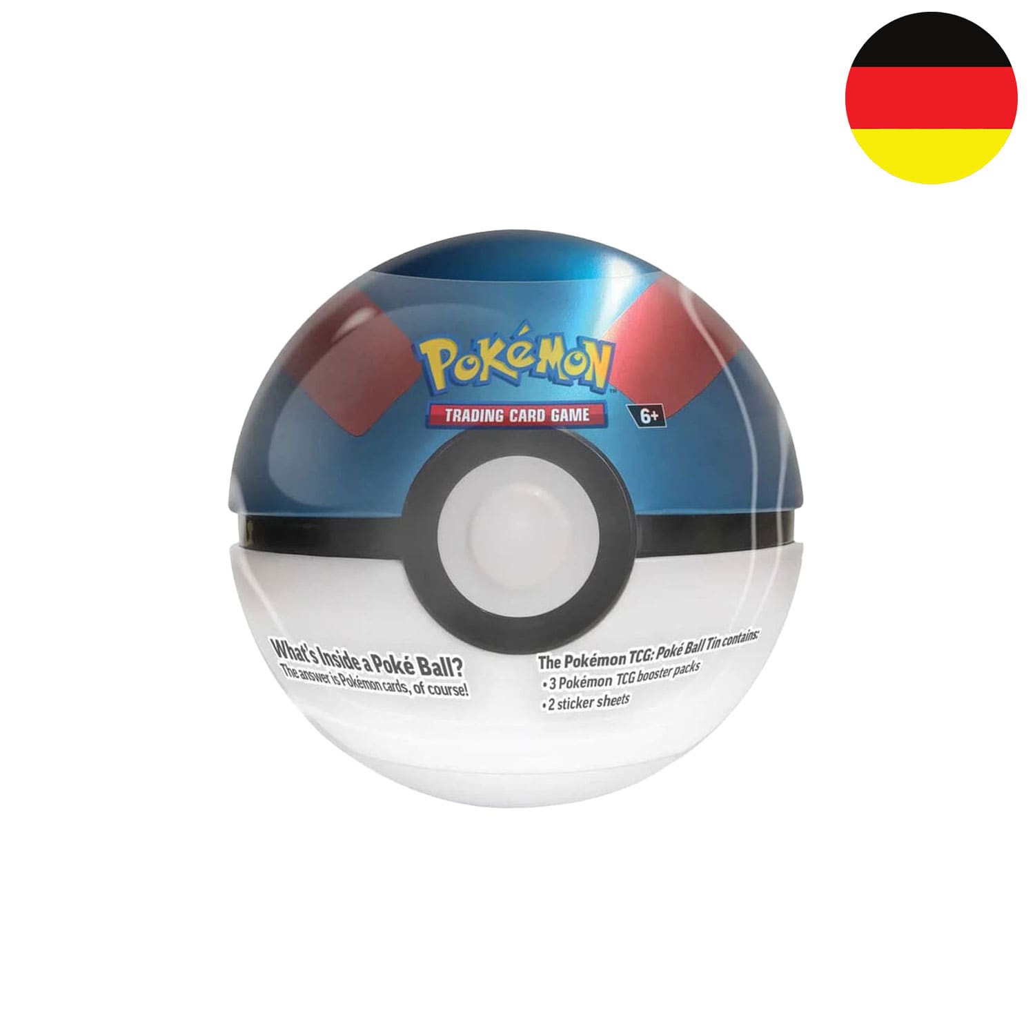 Pokémon Superball Tin Box 2025 mit zwei Stickerbögen und drei Boosterpacks aus Scarlet & Violet.