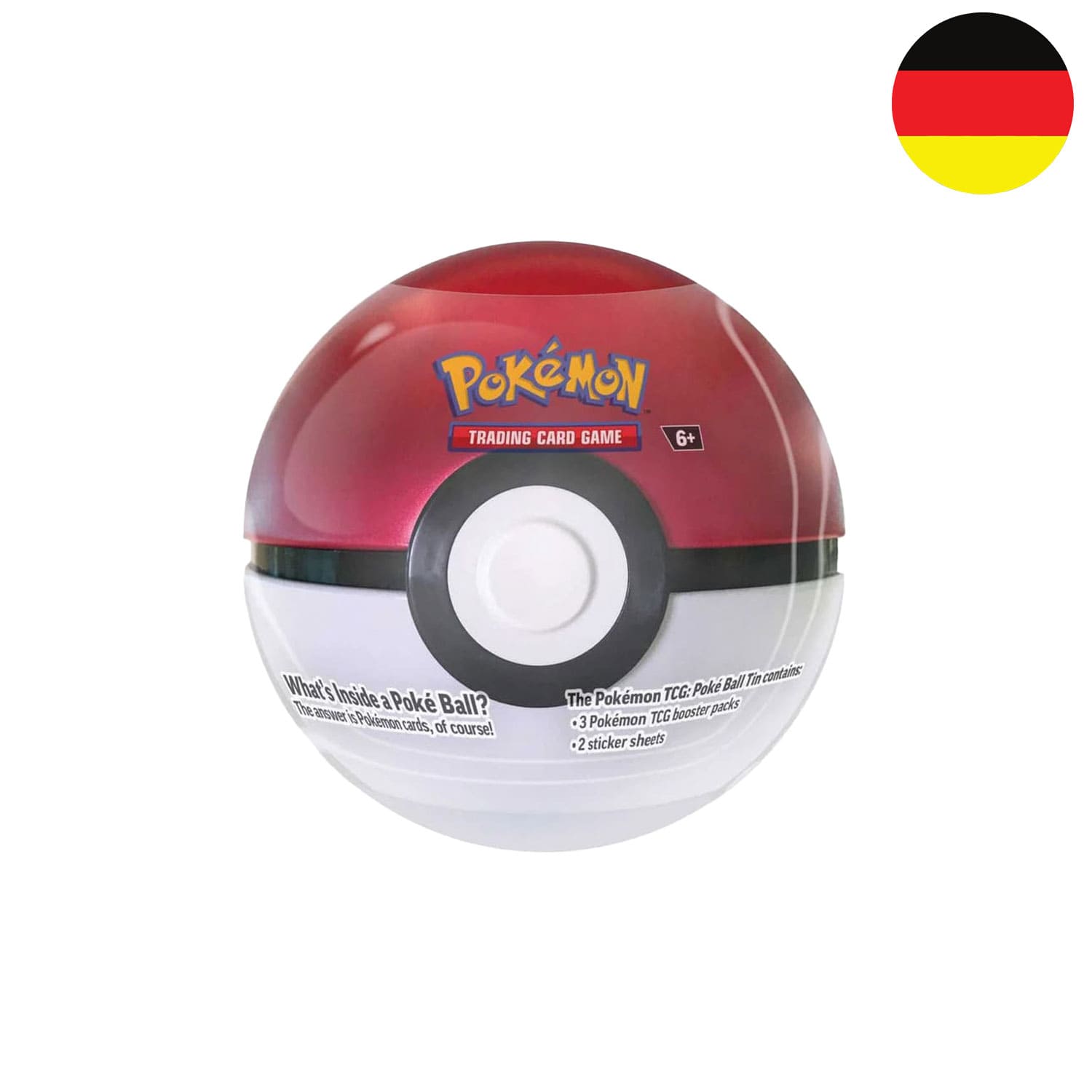 Pokémon Pokéball Tin Box 2025 mit zwei Stickerbögen und drei Boosterpacks aus Scarlet & Violet.