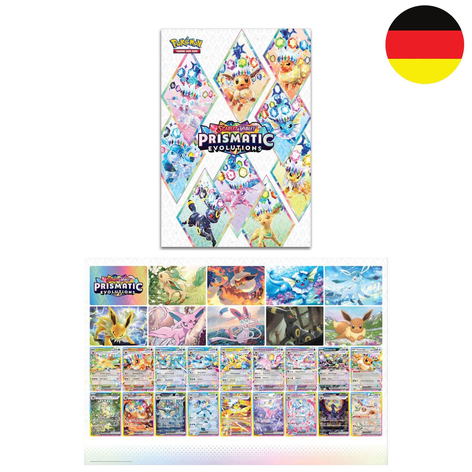 Das Poster der Pokémon Poster-Kollektion von Prismatische Entwicklungen KP08.5 mit den Eeveelutions auf deutsch.