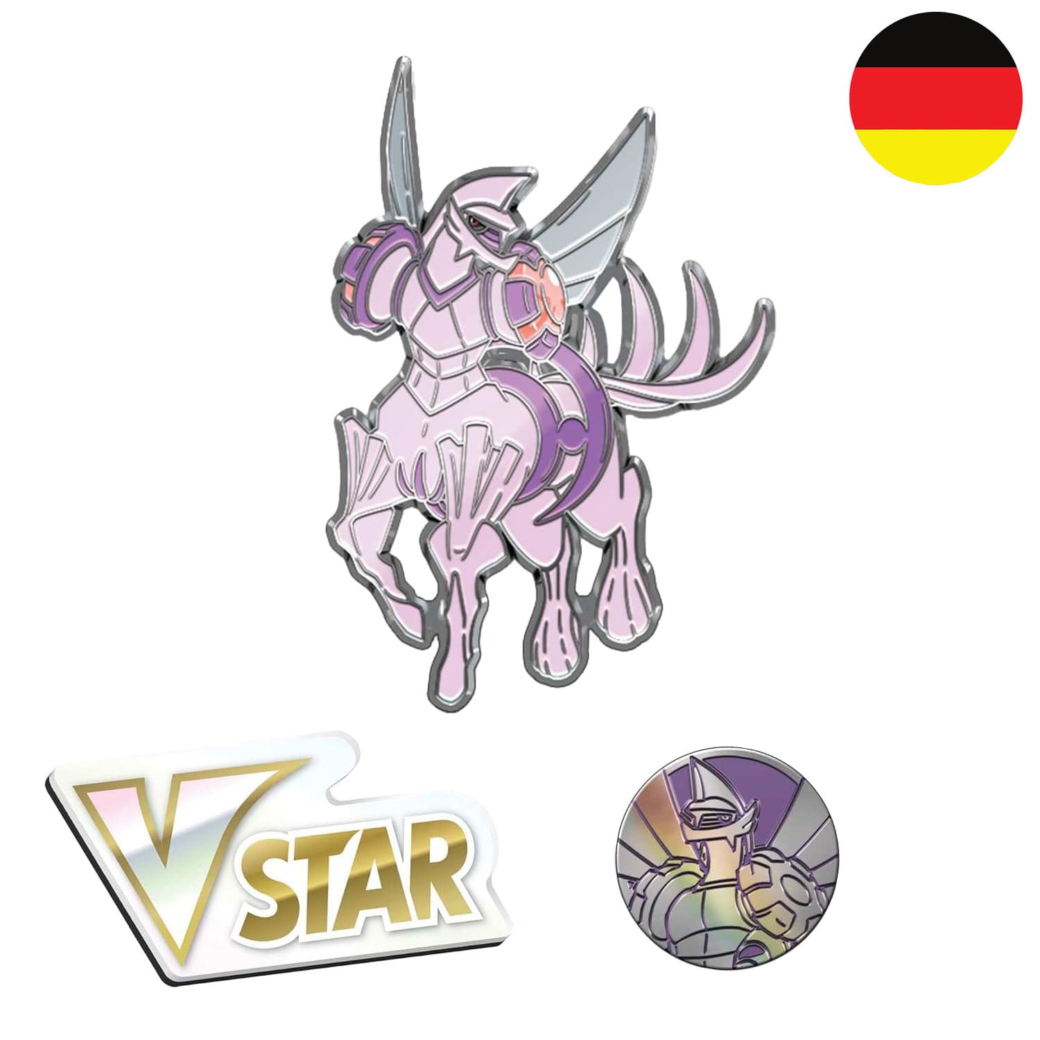 Eine UR-Palkia Pin, Münze und ein VStar Marker aus der Pokémon Box - VStar Premium Kollektion.