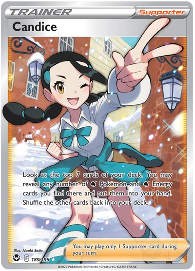 Die englische Pokemon-Silver-Tempest-Candice-SWSH12-189-195 Karte.