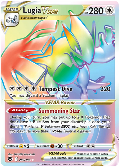 Die englische Pokemon-Silver-Tempest-Lugia-VSTAR-SWSH12-202-195 Karte.