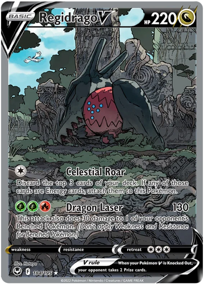 Die englische Pokemon-Silver-Tempest-Regidrago-V-SWSH12-184-195 Karte.