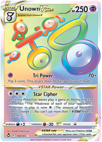 Die englische Pokemon-Silver-Tempest-Unown-VSTAR-SWSH12-199-195 Karte.
