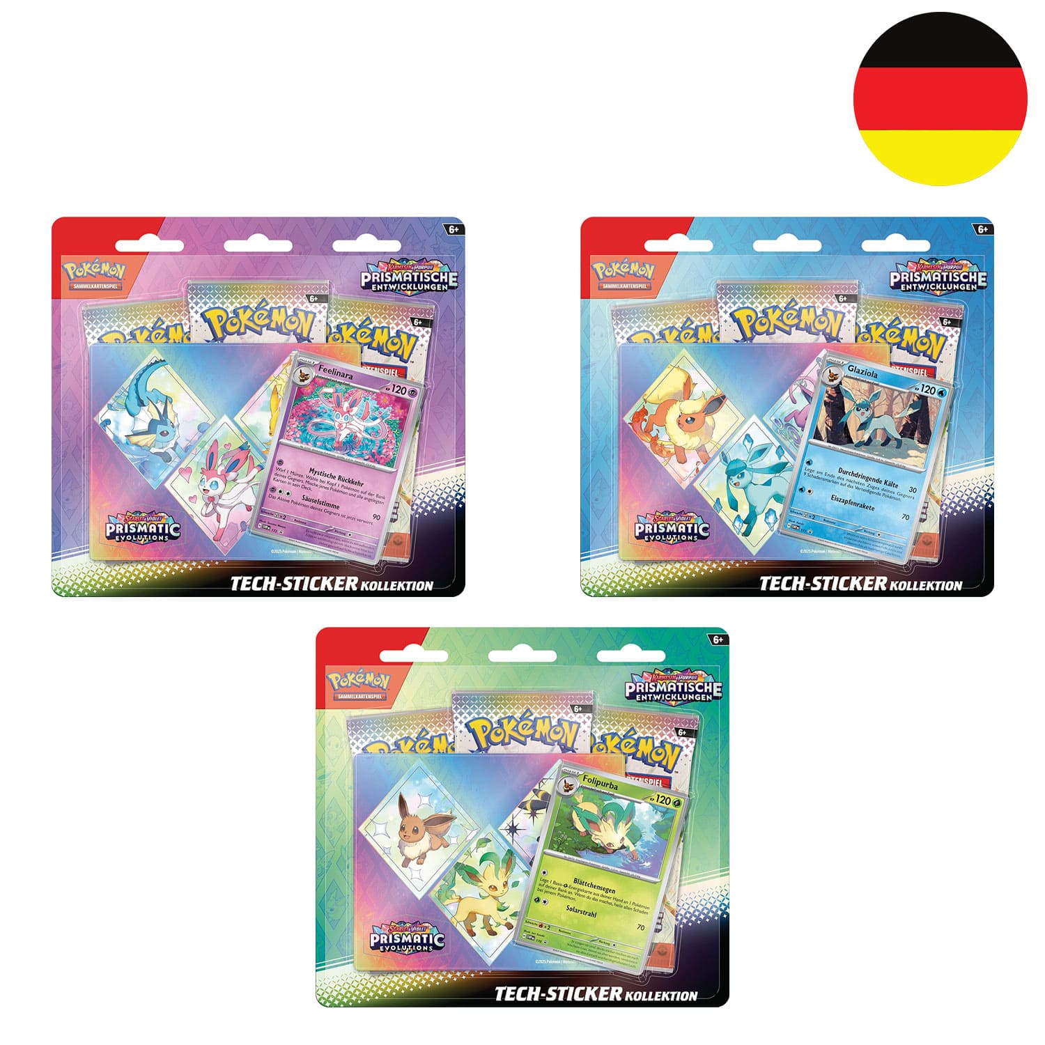 Die Pokémon Tech-Sticker-Kollektion Prismatische Entwicklungen KP08.5 mit Folipurba, Feelinara oder Glaziola auf deutsch.