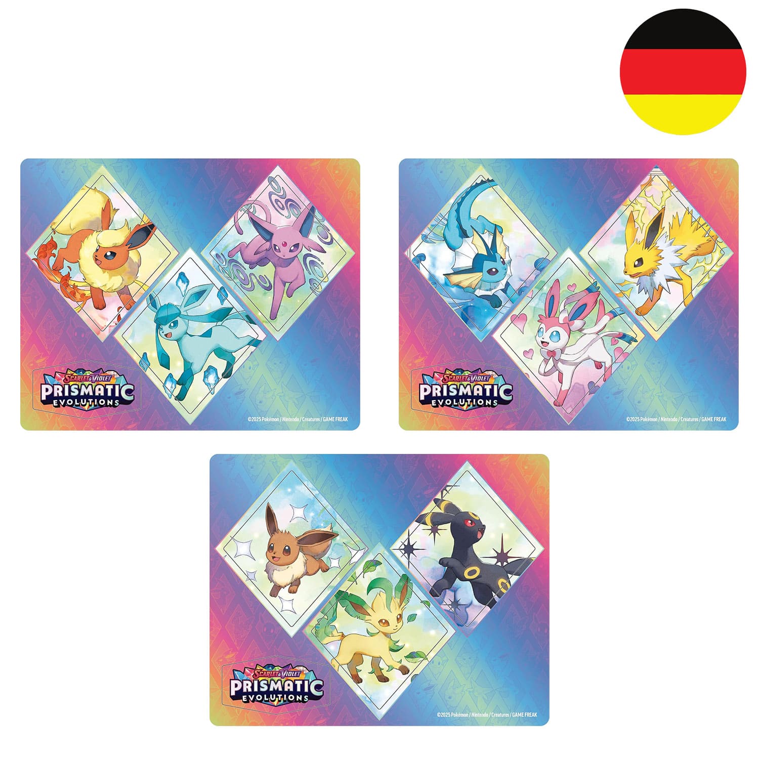 Die drei Sticker von der Pokémon Tech-Sticker-Kollektion Prismatische Entwicklungen KP08.5 auf deutsch.