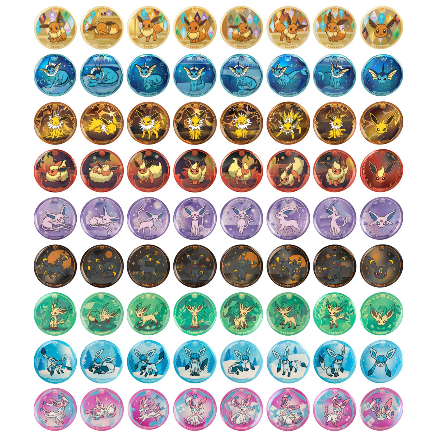 Pokémon Blooming Legends Badge Set CSV9.5 mit regular Ansteckpinnadeln mit Evoli, Aquana, Psiana, Nachtara.