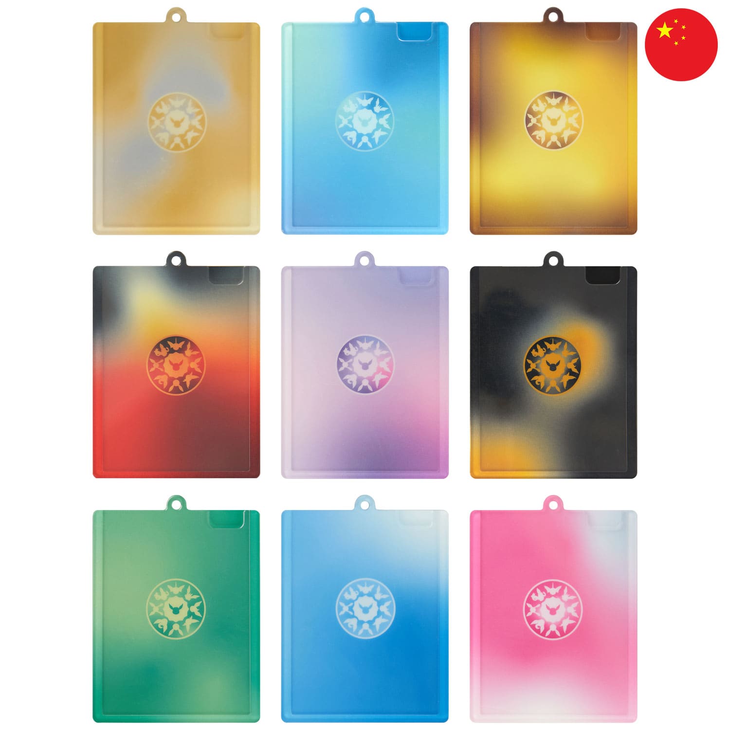 Pokémon Terastal Grand Gathering Card Display Charm Gift Box Backcover mit Blitze, Flamara, Aquana, Evoli und Psiana.