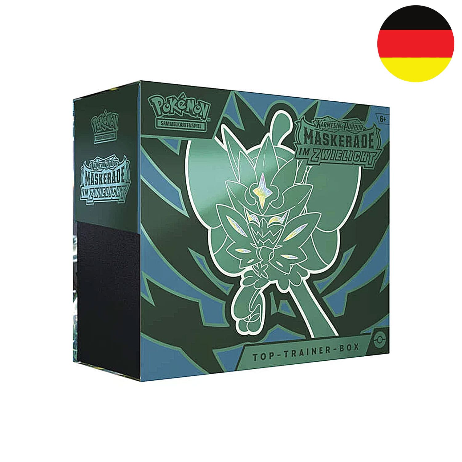 Die grüne Pokémon Top Trainer Box Maskerade im Zwielicht (KP06) mit Ogerpon auf dem Cover und der Flagge Deutschlands.