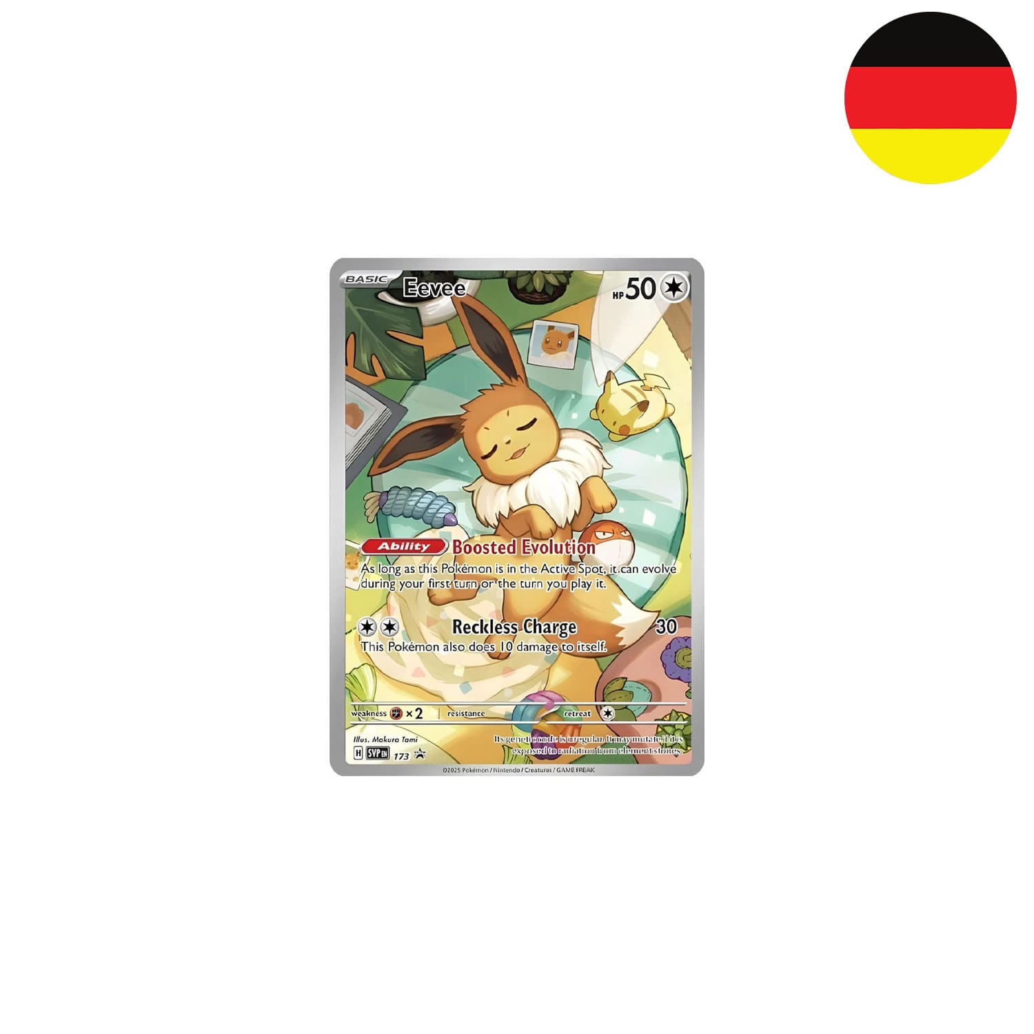 Die Evoli Promokarte der Top Trainer Box von Prismatische Entwicklungen KP08.5 und der Flagge Deutschlands in der Ecke.