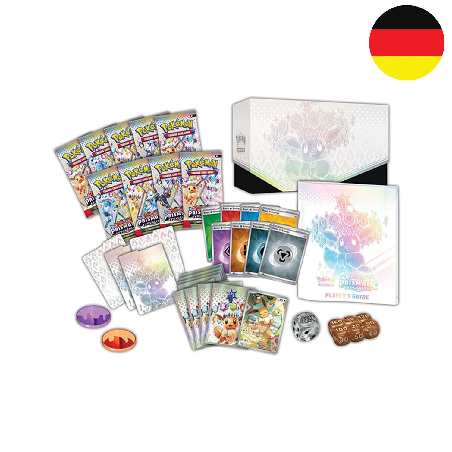 Der Inhalt der Top Trainer Box von Prismatische Entwicklungen KP08.5 mit Evoli und der Flagge Deutschlands in der Ecke.