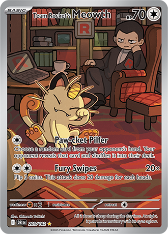 Die englische Pokemon-Trading-Card-Game-Destined-Rivals-SV10-203-182-Team-Rockets-Meowth Karte.