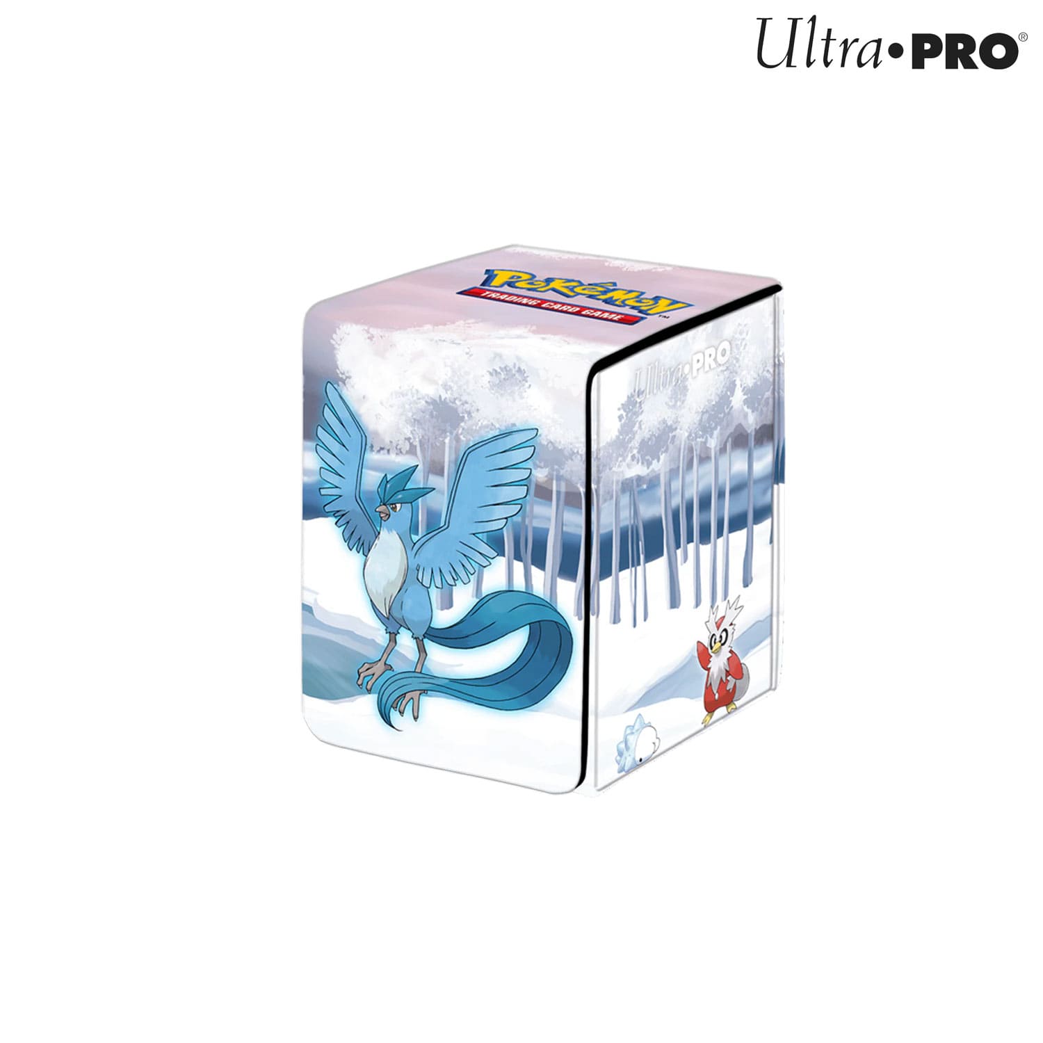 Ultra Pro Premium Alcove Flip Deck Box mit dem legendären Pokémon Arktos darauf und an der Seite Botogel.