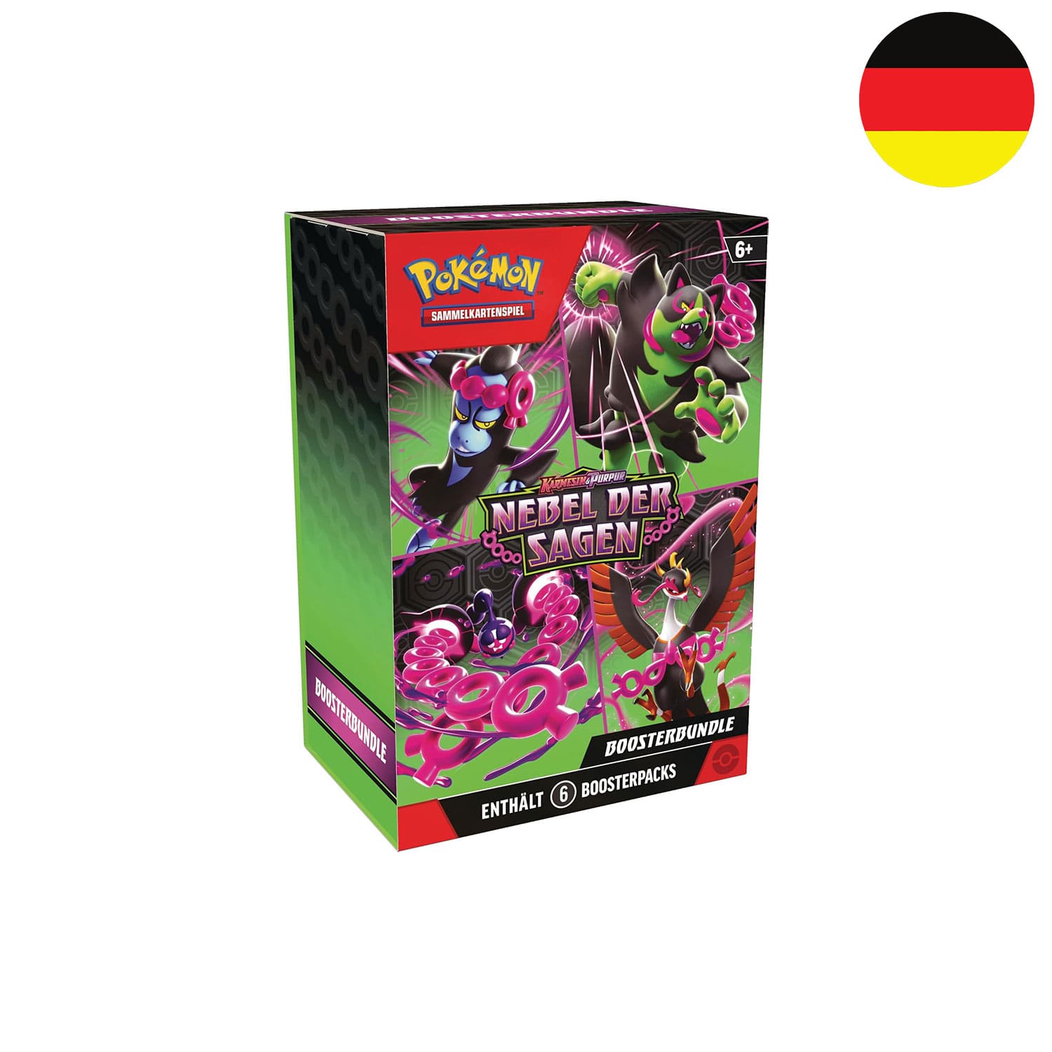 Das deutsche Pokémon Boosterbundle Nebel der Sagen KP06.5 mit Infamomo, Beatori, Boninu und Benesaru auf dem Cover.