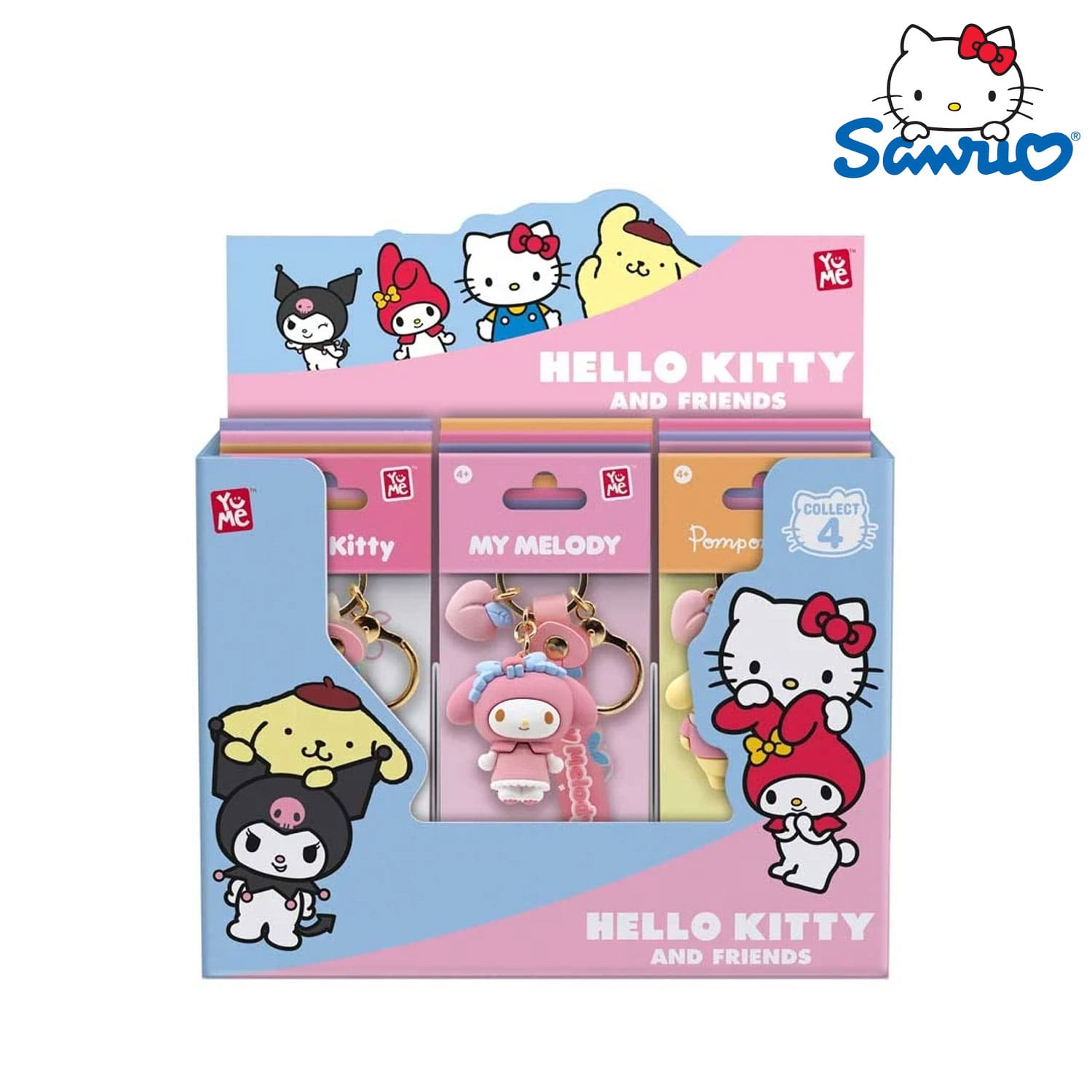 Das Sanrio Hello Kitty and Friends Peach Series Display mit Peach Hello Kitty, Kuromi, Pompompurin und My Melody.