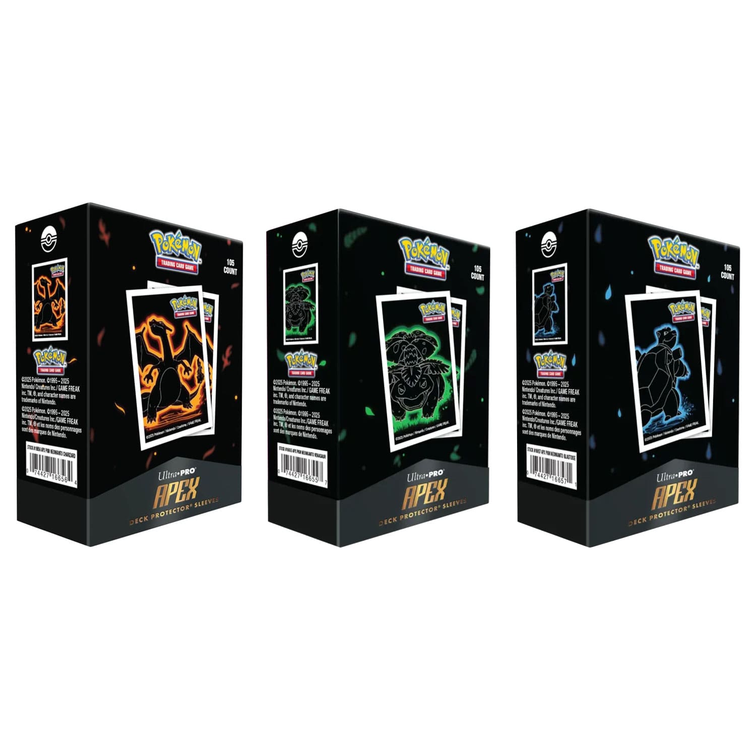 Die Ultra-Pro-Apex-Deck-Protector-Sleeves-Pokémon in den Neon Kanto Varianten Glurak, Bisaflor und Turtok.